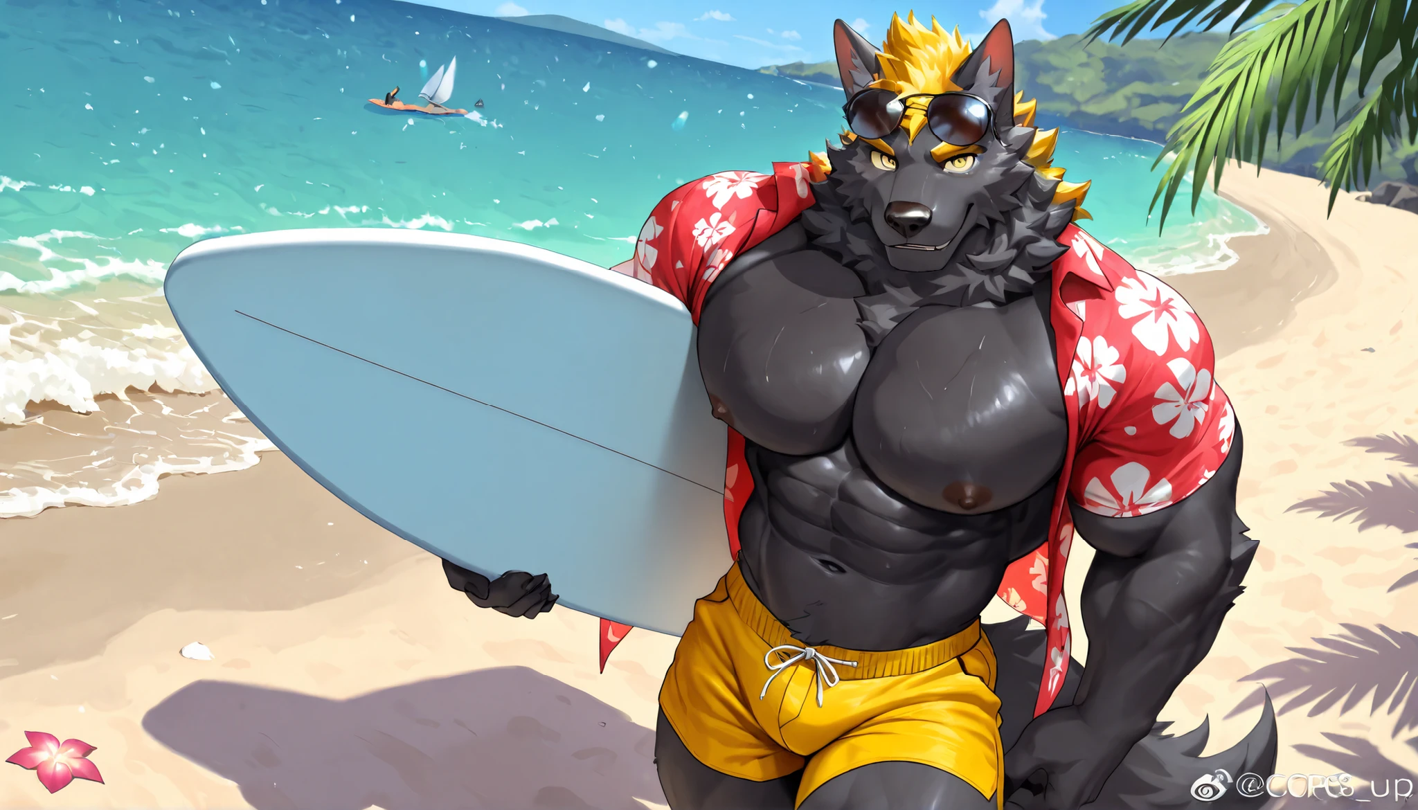 wolf, black body, White hair, yellow marks, beach, от LittleBlackalas