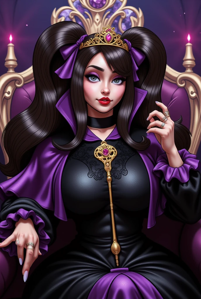 A princess in a dark purple dress, silver hair, holding a black apple, well-detailed Cartoon style, perfect features