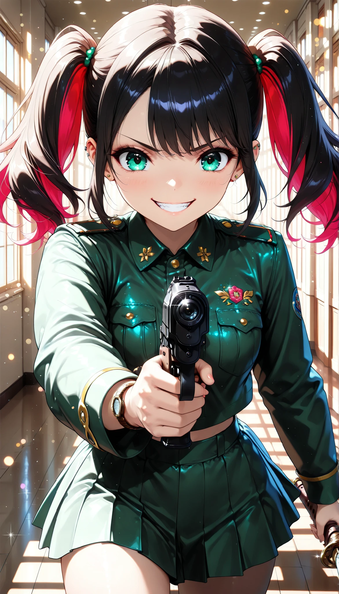 female military man with super long twin tails,crazy smile,High Quality,real,Portrait,Dramatic,Rich colors,4K rendering,Physically-based lighting,Super delicate texture,Detail Focused,sharp focus,Immersive Realistic Feeling,Dramatic look,Professional with no gaps,glitter, Sparkle, high definition,oil paint texture,bokeh effect,dramatic atmosphere, (Watch Viewers, serious expression), standing, perfect body, cropped tops, Military uniform, WEAPONS AND EQUIPMENT, (((saber and wear, battle action ))), Miniskirt, Delicate decoration, piercings, warm light, brightly colored, photogenic, 超high definition, (最High Quality, very detailed, CG illustration, soft focus, masterpiece, Best Aesthetics),