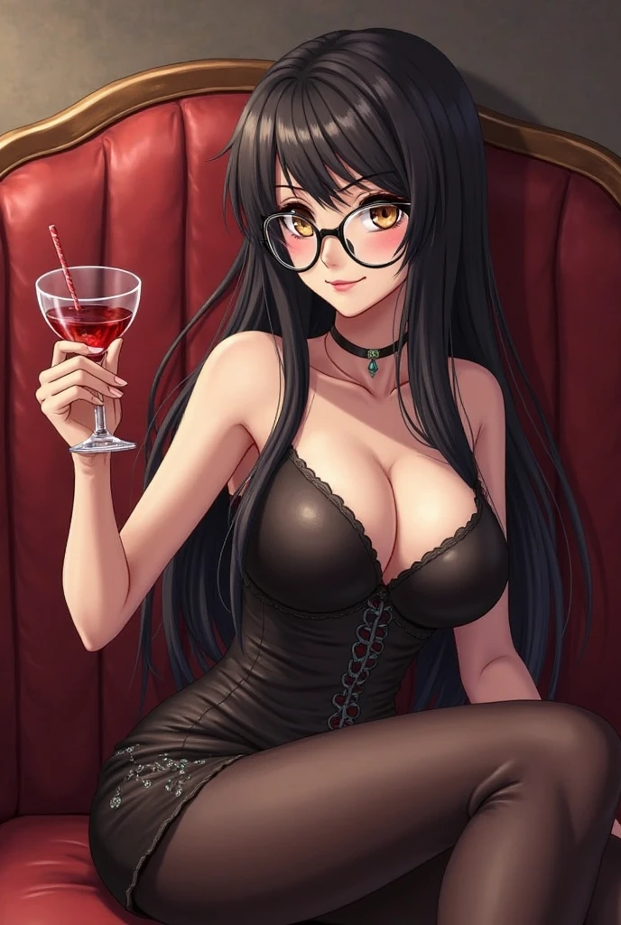 best quality, ultra-detailed, illustration, glasses,
cabaret, scenery, bar (place), indoors, chair, table, light,
1girl, solo, jewelry, long hair, necklace, smile, black hair, looking at viewer, black dress, sleeveless dress, bracelet, sitting, drinking glass, alcohol, 
 ((Big Breasts)), (((Golden lighting)))