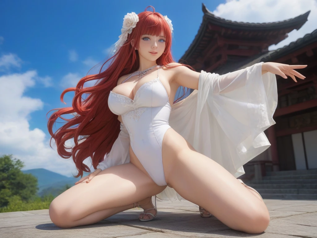 Hand repair sexy goddess，best qualityer，Snow-whiteskin，8K high quality，Sexy goddess，huge-breasted，A pair of big eyes are beautiful and moving，White skin，putting makeup on，Red long-haired，Volt perspective，Lower body mermaid tail，curlies，Sexy outfit，Volt view，Look up，gold；jewely，A sea of clouds，Flying in outer space，Behind，Ocean Earth，Space-time gate，milky ways，Above the ocean，swell sea，Greatwave，Beautiful sunset sun，lighthouse，coda，People fly in the air，Very artistic photos