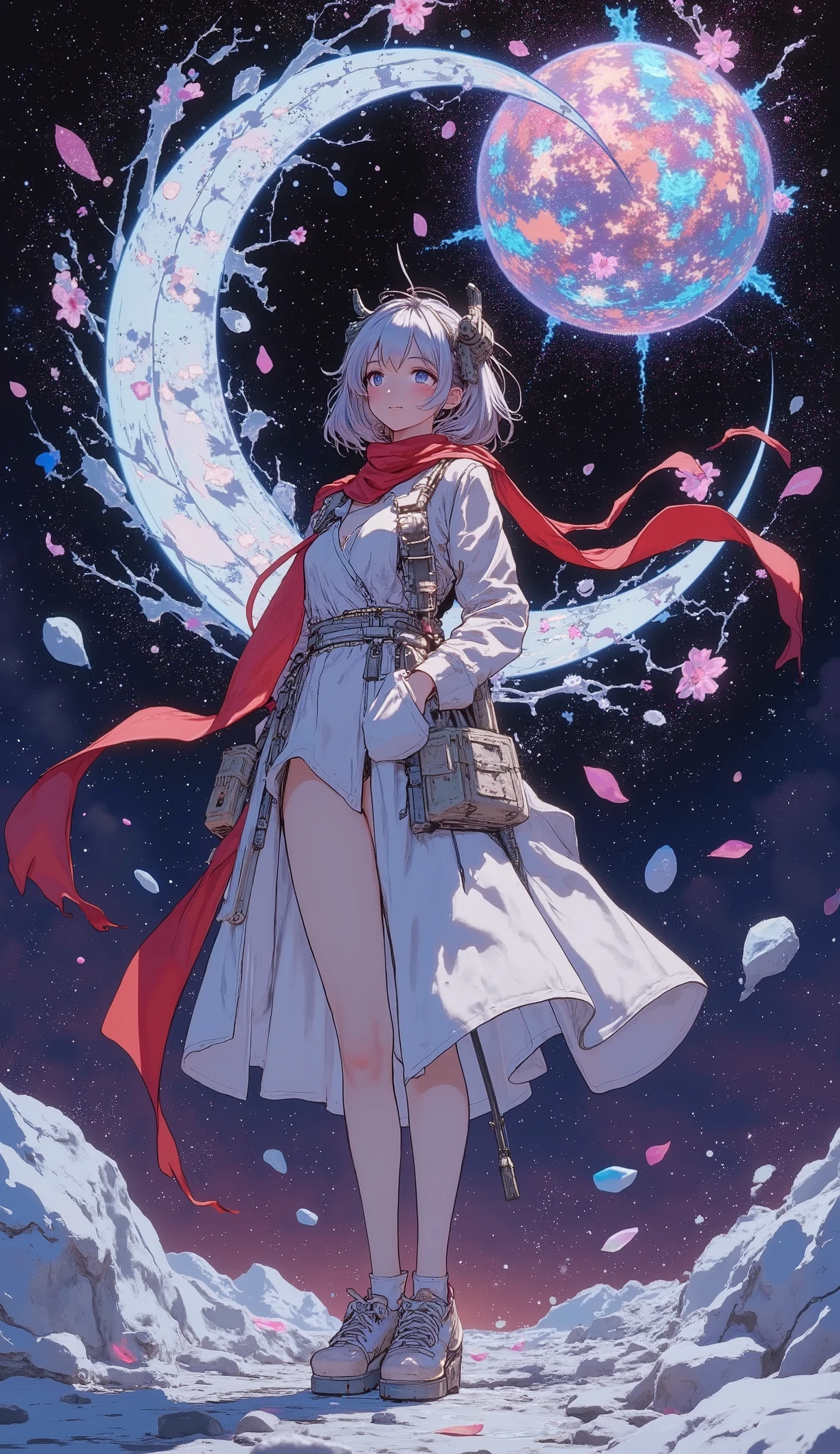 a female android that stands proudly in a swirling nebula of stars、its mechanical framework is a scar from past space battles Decorated with。debris from defeated machines and discarded metal drifts in zero gravity, Illuminated with dramatic lighting.Shining Petals, petals of spiritual energy float gracefully, creates a surreal contrast between the quiet beauty of space and the unchanging strength of an android.landscape, A crystalline icy asteroid shines, Adds elegance to the scene.An AWPA rifle is mounted on Android's shoulder, its flowing white horse tail and bright red scarf rolling through a vacuum.Background, a mechanical dragon appears from interconnected energy fragments, Its articulated wings are inspired by the design of Samurai spaceships, drawn in amazing 8K resolution along with fine metal details, starry sky