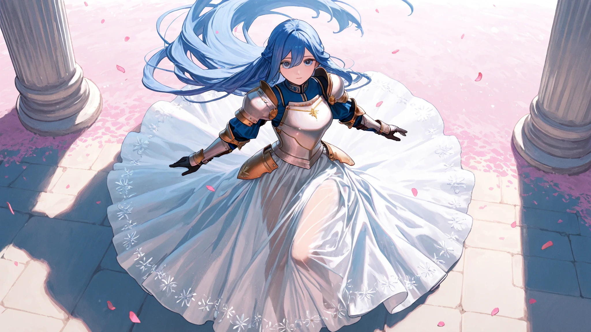 a beautiful woman with long blue hair stood in front of me. She was wearing a white dress with beautiful gold trimmings