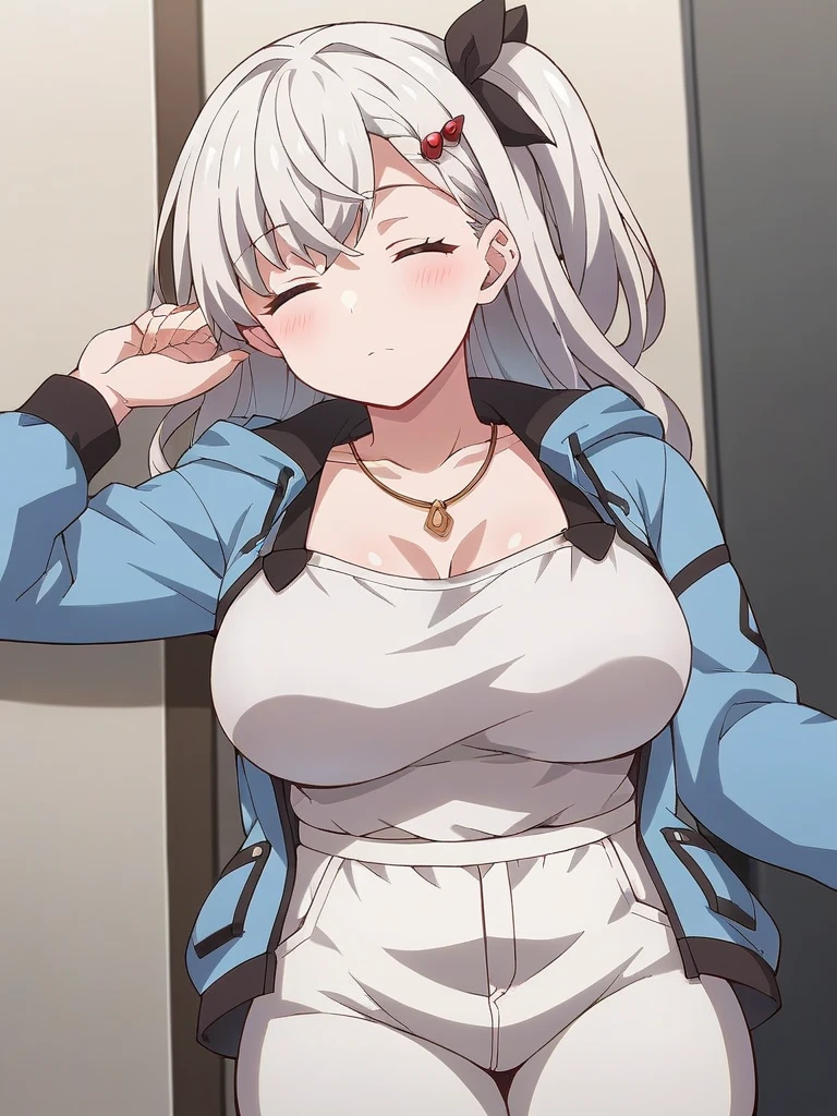 grabbing her breasts pose, blue towel, infront of luxury toilet background, rossweisse, (1 girl), anime cels style, best quality, high resolution, 1girl, (huge breasts:1.2), beautiful face, grey hair, aqua eyes, long hair, rossweisse hair, hair ribbon, cowboy shot, blush, embarassed, looking at viewer