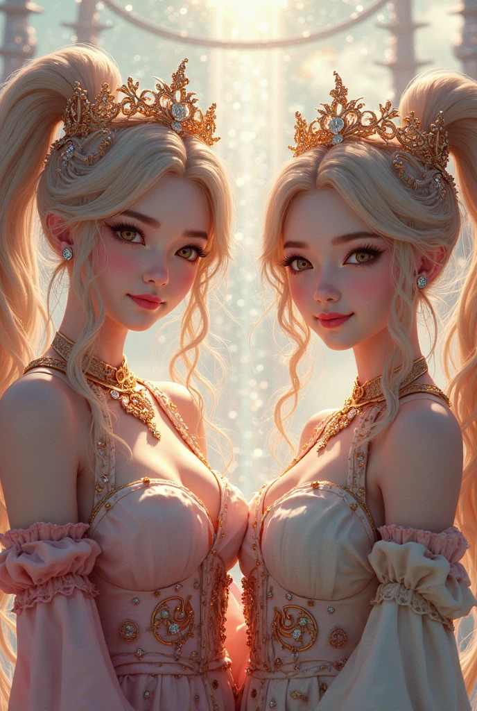 (masterpiece, best quality:1.4), ultra-detailed, soft light, natural lighting, cinematic light, film grain, (depth of field), (2girls aligned, couple:1.4), mature woman, perfect female form, (perfect face, detailed face, glossy lips, eyeliner), pink hair, platinum-blonde hair, solo, long hair, flower, dress, thick eyeblows, flower, straight hair, blaid, closed mouth, collarbone, breast, (cleavage), puffy sleeves, white dress, purple dress, elbow gloves, earrings, necklace, (tiara), jewelry, golden, lace trimmed, bow, face focus, teasing, beautiful face, detailed eyes, detailed pupil, looking at viewer, all intricate