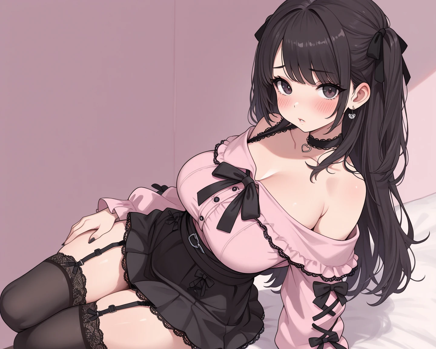 Cool beauty，Looks sweet, curls bob hairstyle, (wearing black halter strapless dress, off-shoulders, show cleavage), show big thigh, plump body, huge breast, full body photo, sitting on the bed, squat pose. Wearing black ribbon headband.