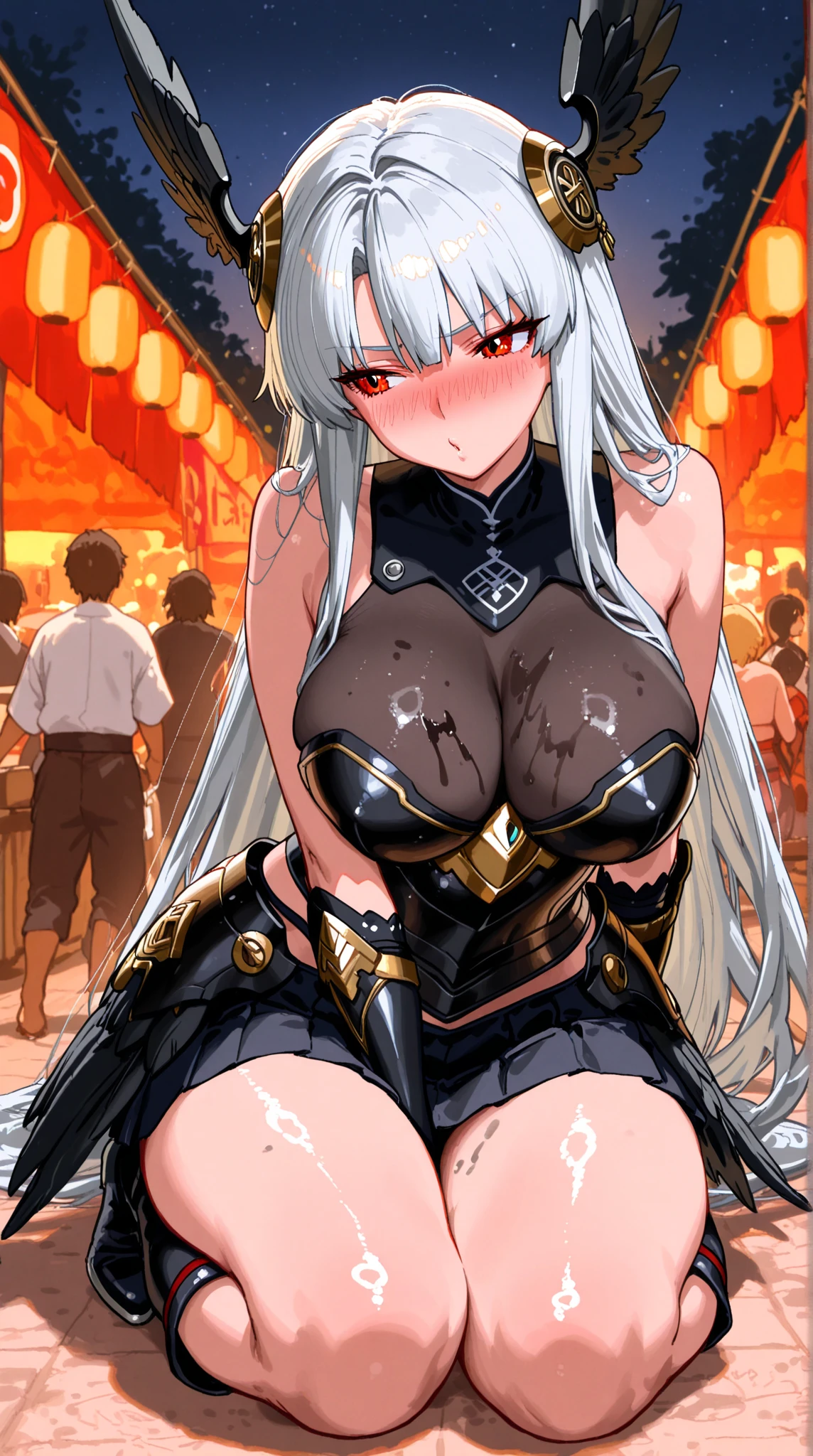 Best Quality, 8k, High resolution, high quality, masterpiece, Beautiful, (Anatomically correct:1.2), A beautiful woman, 20th Generation, Silky gray hair, Straight Long, long bangs that hide one eye, Red eyes, Beautiful Skin, Tall and toned body, pointy big breasts, Mesh kunoichi costume, Carrying a sword on your back, valley,  Model pose, night, skyscraper, evil grin, face focus,