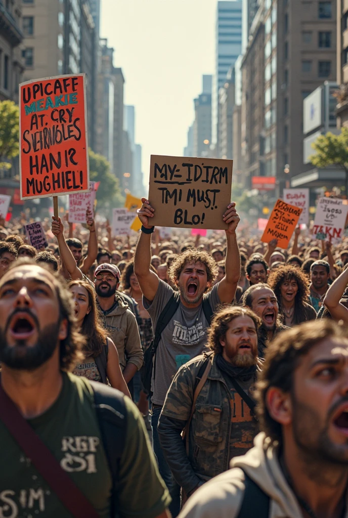 a crowd of young protesters carrying signs and placards, angry, shouting, "MORE MEMES" and "WE WANT MORE MEMES"