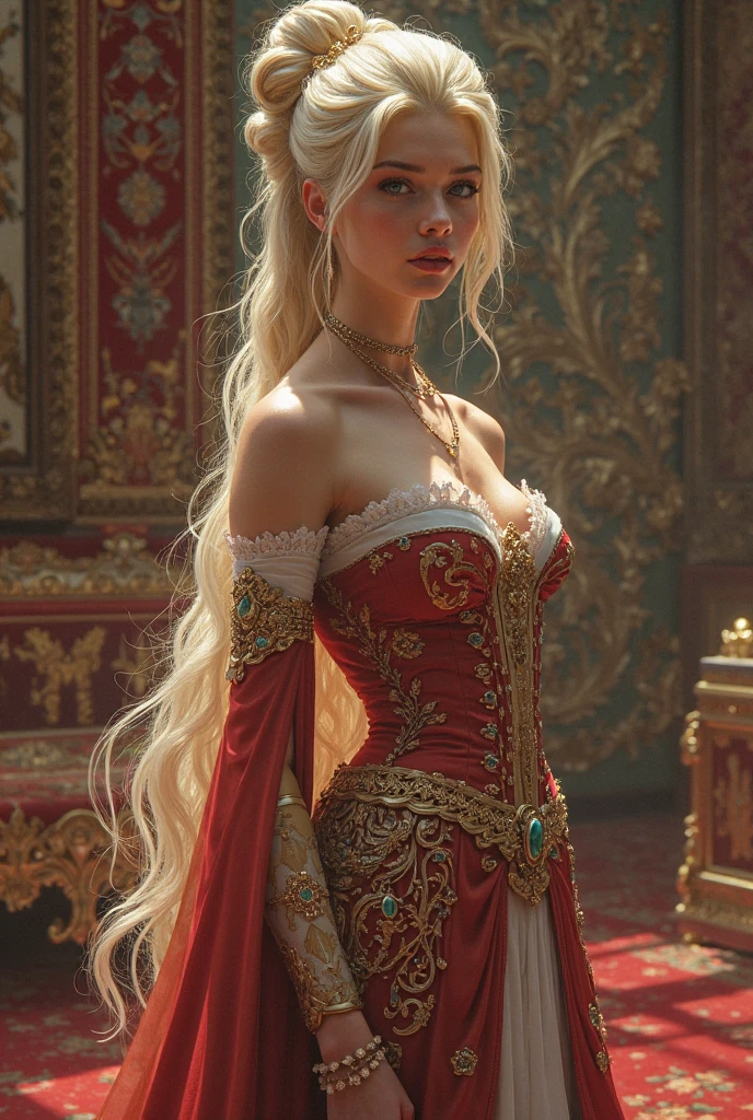 true masterpiece, extraordinary and stunning photograph of a gorgeous European princess woman, long blonde hair, extraordinary symmetrical almond-shaped brown eyes with circular iris and very long full eyelashes, very long eyelashes, symmetrical eyes, same size eyes, same color eyes, she is radiant with beauty and joy, extremely detailed skin texture, peach fuzz, plump lips, beautiful makeup, absolute realistic image, ultra realistic photography, with a red princess dress, pretty decent covering dress, a beautiful princess tiara on her head, jewel earrings, beautiful ornaments, high details, intricate clothing, glowing shadows, beautiful gradient, depth of field, clean image, extremely detailed face, stunning pretty face, standing up in a big room of a castle, top body image