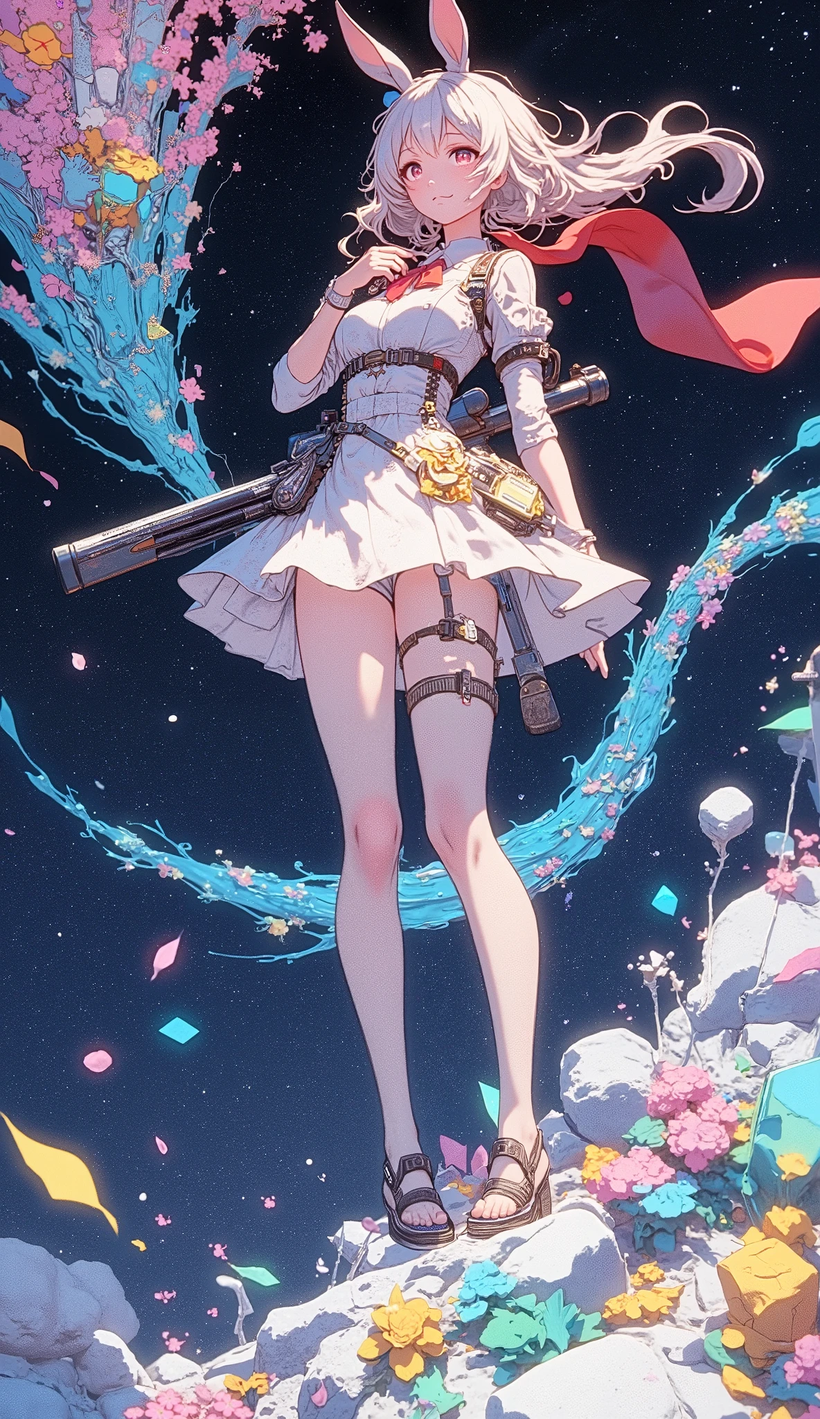 a female android that stands proudly in a swirling nebula of stars、its mechanical framework is a scar from past space battles Decorated with。debris from defeated machines and discarded metal drifts in zero gravity, Illuminated with dramatic lighting.Shining Petals, petals of spiritual energy float gracefully, creates a surreal contrast between the quiet beauty of space and the unchanging strength of an android.landscape, A crystalline icy asteroid shines, Adds elegance to the scene.An AWPA rifle is mounted on Android's shoulder, its flowing white horse tail and bright red scarf rolling through a vacuum.Background, a mechanical dragon appears from interconnected energy fragments, Its articulated wings are inspired by the design of Samurai spaceships, drawn in amazing 8K resolution along with fine metal details, starry sky