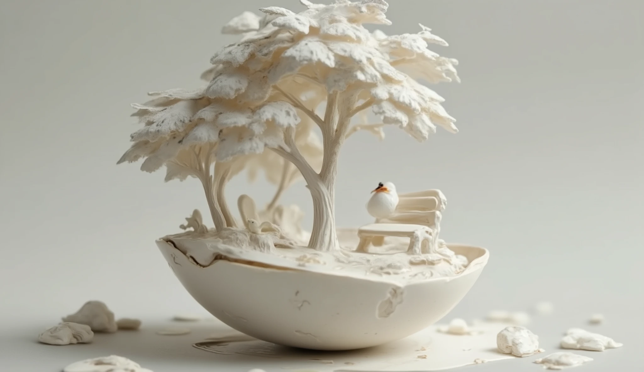 ZOZ_XUANHUAN A masterpiece in an eggshell: A miniature landscape unfolds, Made with precision using Chinese carving techniques. Little tree 々, bird sitting on park bench, And the flow swirls within the delicate eggshell canvas, As if painted with a tiny brush. White paper sculptures give texture to the scene. Ultra-clear details emerge, It's as if you're looking through a wide-angle lens, The depth-of-field effect softens the edges. The 3D perspective transports the viewer into this tranquil world, Precise and soft are a perfect combination.