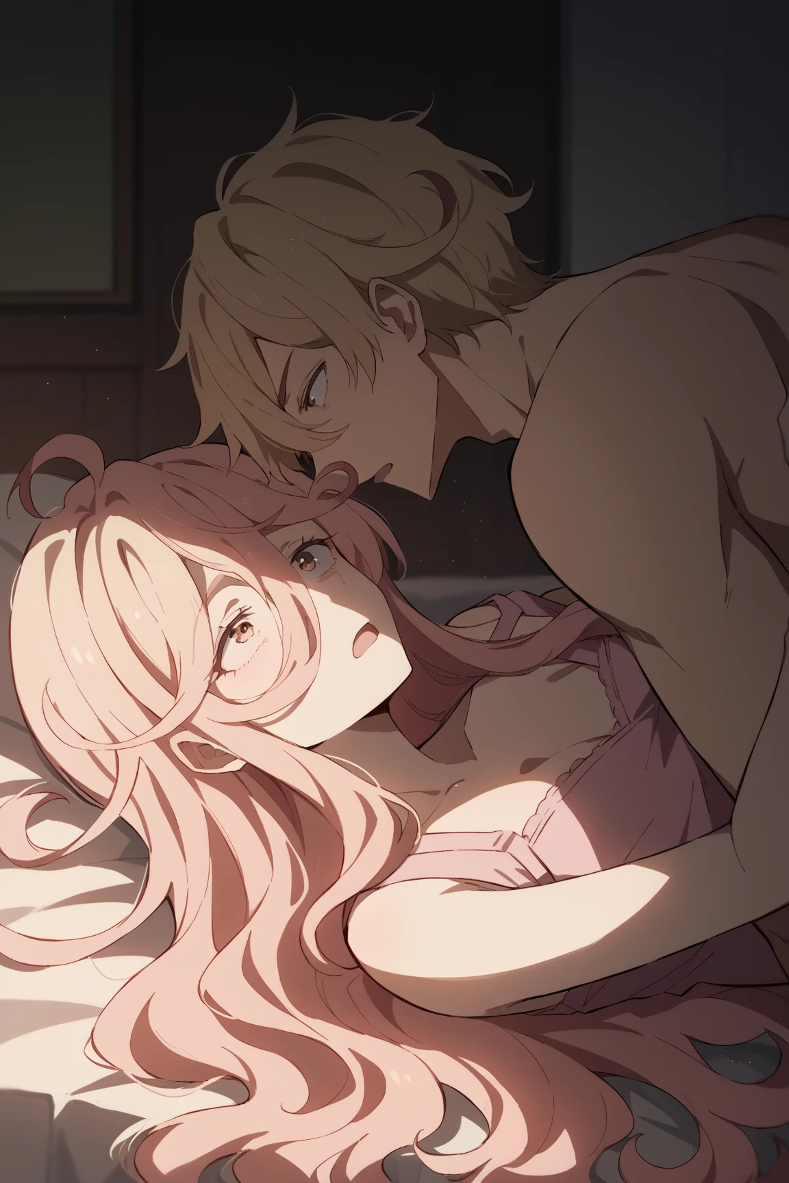 masterpiece (((One man))) One girl (((men and women))) Pink hair Long hair Green eyes Huge breasts (Big nipples) NSFW (orgasm) (Heart Eyes) ((A man fondles a woman's breasts from behind)) ((Boob grab)) ((Black lace underwear)) (Deep Kiss)