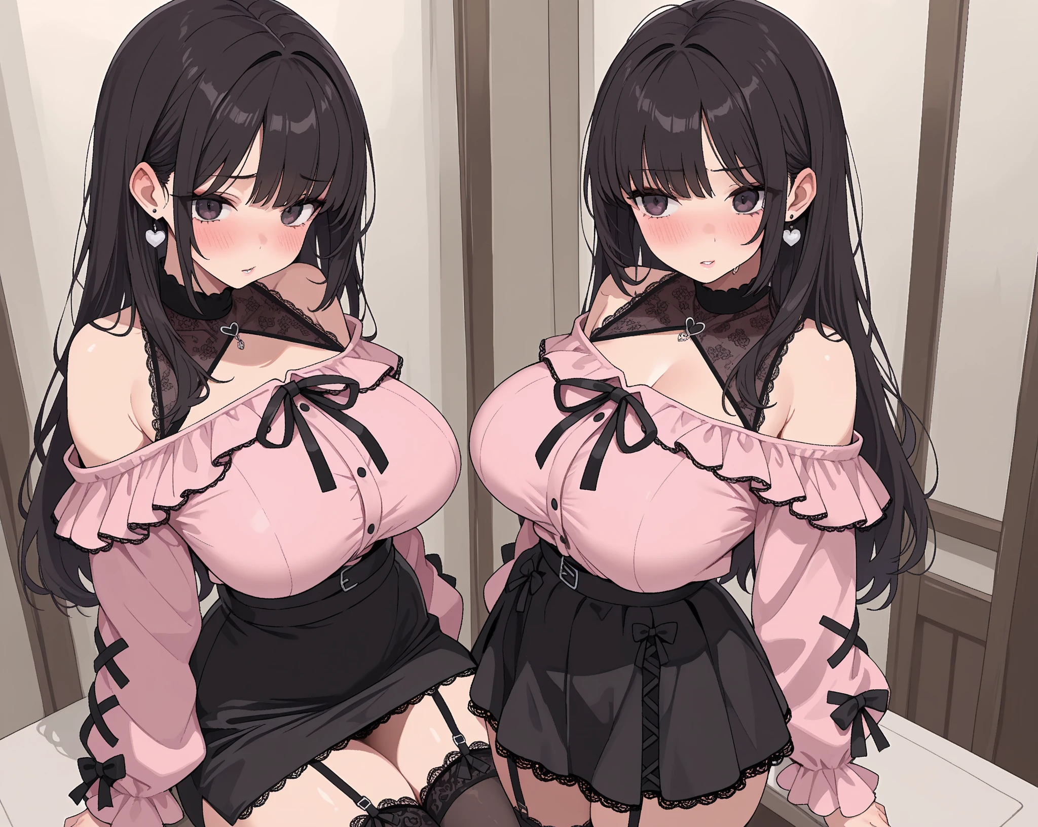 Photo of your ID。The person in the photo is a 28-year-old woman.。Her hair is black and straight.、The round eyes are reminiscent of a cat and the expression is gentle.。Dressed in pink lingerie、Standing straight and facing you。