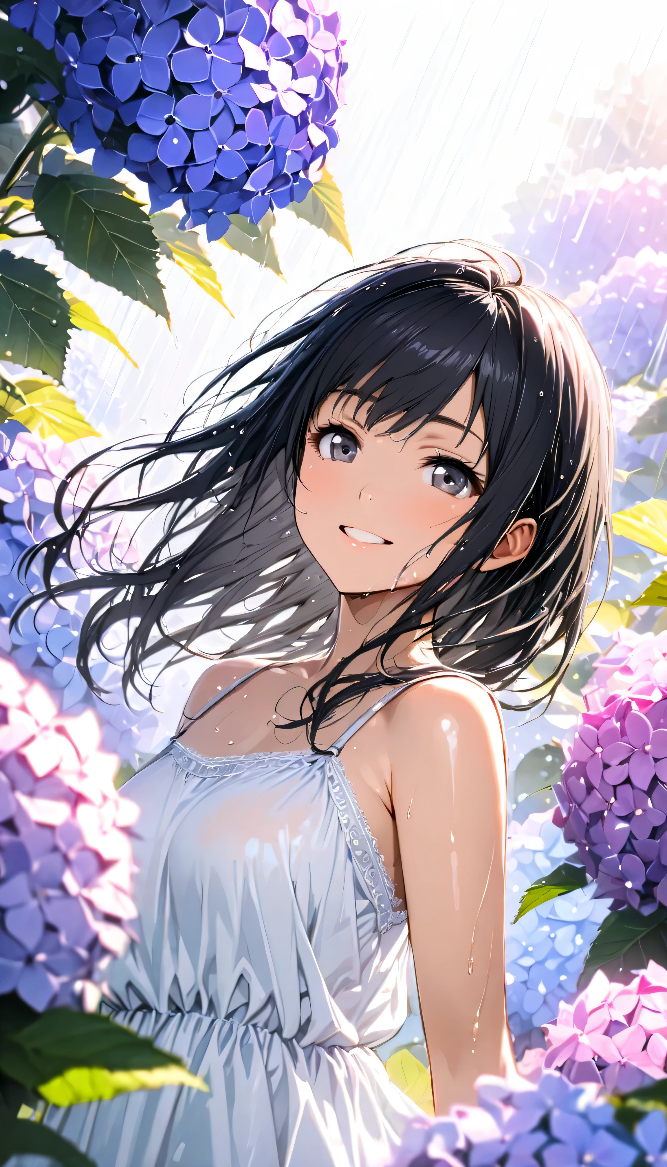 masterpiece, best quality, ultra-detailed, 8k, high resolution, Gentle colors, soft focus, dreamy background, White background, Hydrangea background, Delicate and dynamic, light rain, The wind is blowing, 1 girl, Long white camisole dress, Wet and shiny black hair, Wet and shiny skin, smile, young, Dynamic pose, Dynamic Angle, Angle from below, in the soft glow of early morning light, Light from the front