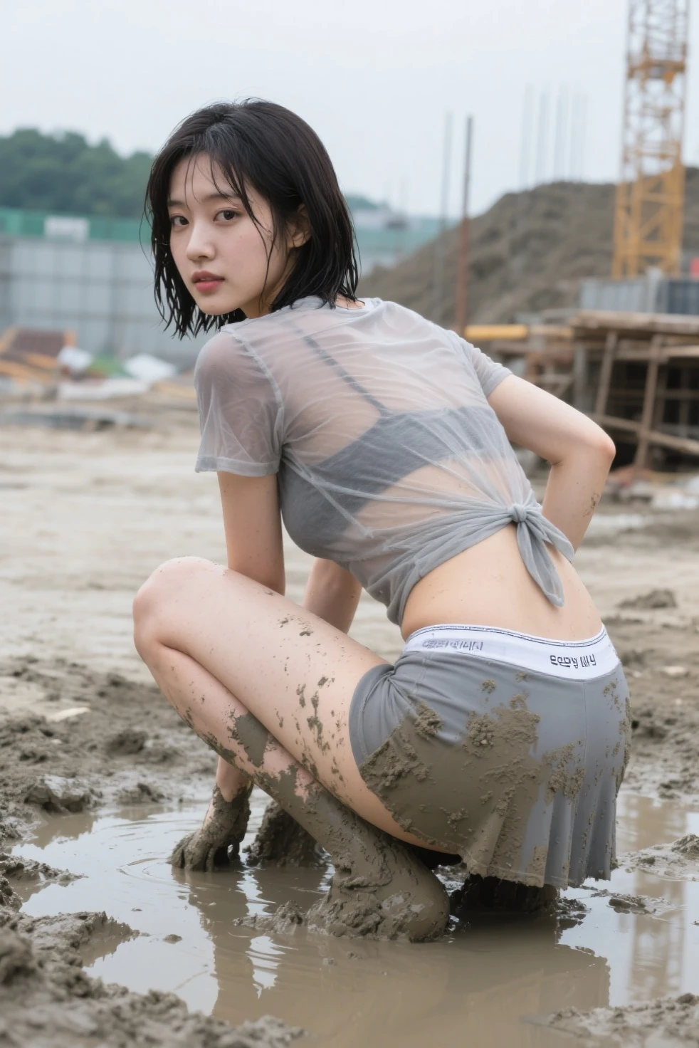 A Korean woman with short hair, white helmet, wearing a short-sleeved translucent wet undershirt, trandpersnt, see niples, White-colored tight wet shorts, high heels, squatting and working at a construction site in the hot sun, sweating all over the floor, real photos, full body photos, high quality