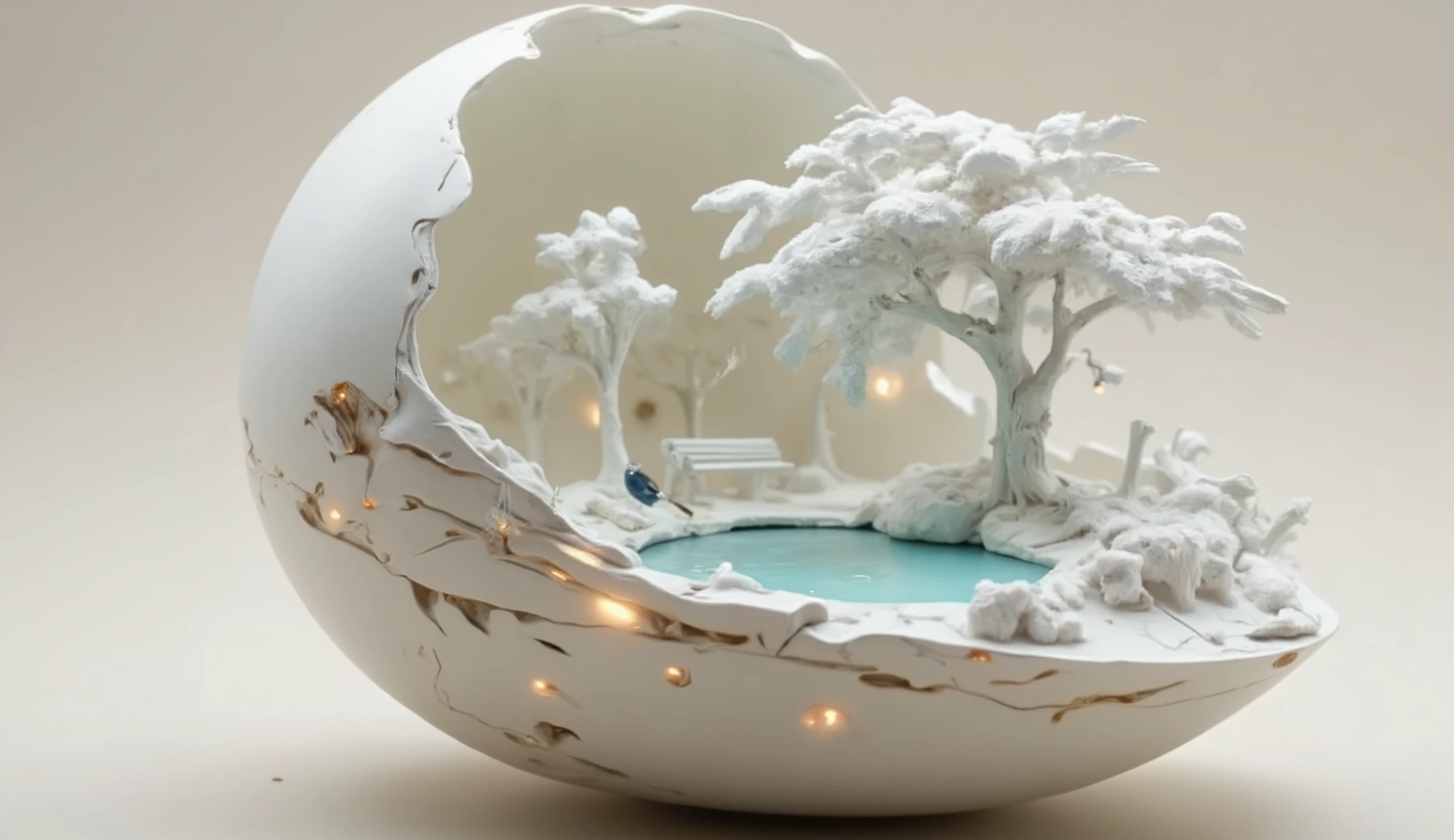 ZOZ_XUANHUAN A masterpiece in an eggshell: A miniature landscape unfolds, Made with precision using Chinese carving techniques. Little tree 々, bird sitting on park bench, And the flow swirls within the delicate eggshell canvas, As if painted with a tiny brush. White paper sculptures give texture to the scene. Ultra-clear details emerge, It's as if you're looking through a wide-angle lens, The depth-of-field effect softens the edges. The 3D perspective transports the viewer into this tranquil world, Precise and soft are a perfect combination.