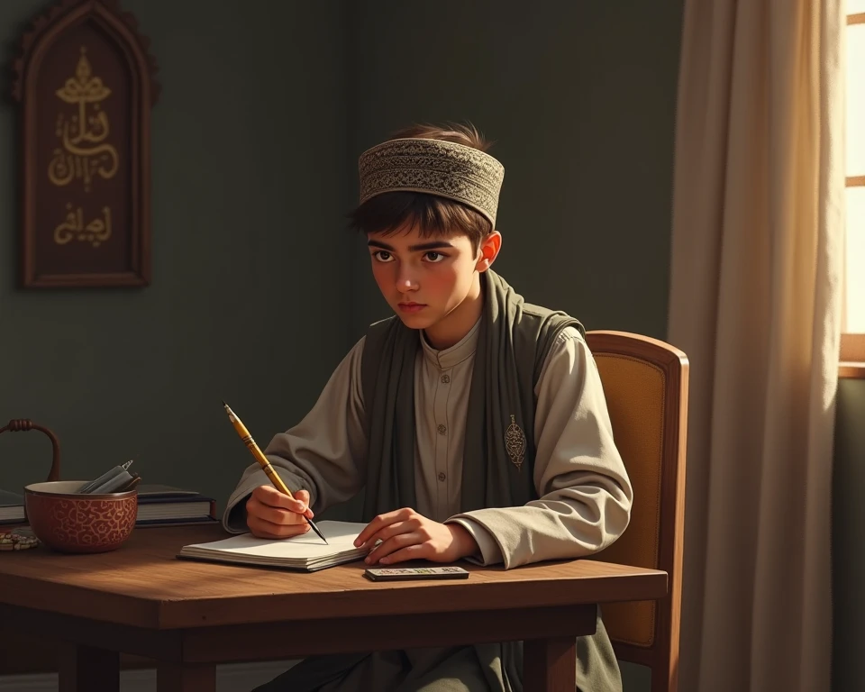 a young Indonesian man wearing an Arabic gamis, an imamah/turban on his head, sitting behind a teaching desk, realistic, 4k