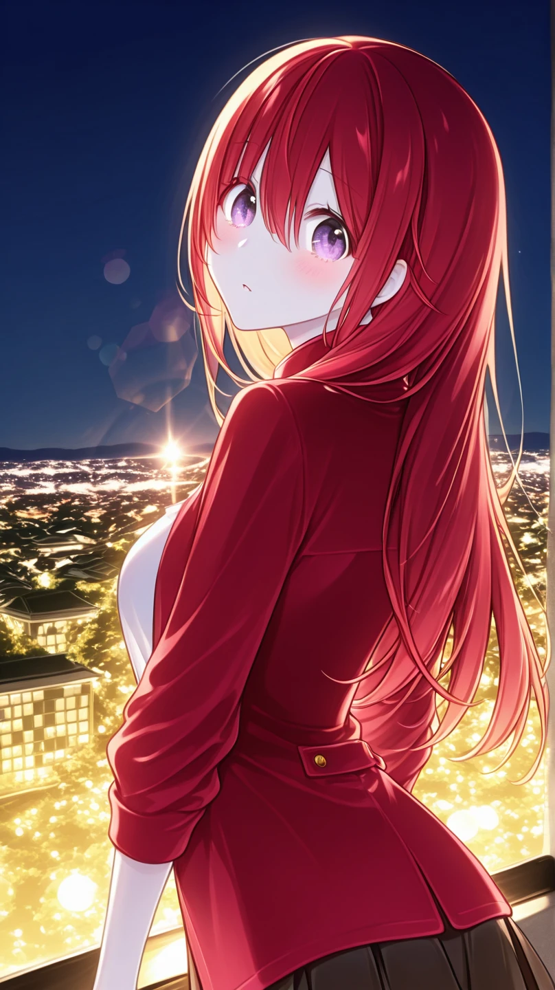 rias gremory, long hair, hair between eyes, (green eyes:1.3), red hair,Anime girl, girl in gorgeous sparking dress, night out, lights from the city, looking cute, looking gorgeous, hourglass body, perfect size ass, perfect size breasts slightly poking from the side, side boob, dress in random color, picture till her knees, anime settings, open eyes, perfect face, red hair, in a shimmering sapphire dress, rooftop party setting, starry night sky, glowing city below, an air of sophistication and elegance, serene yet exhilarating ambiance, Photography, shot with a 50mm lens for a dreamy effect