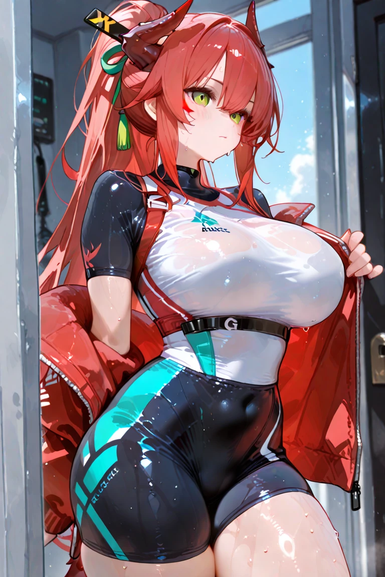 20-year-old girl,Crimson hair,side braid,Smile,Huge breasts,cleavage,Sheer red sleeveless top,中間留空露出cleavage,Soaked all over,Blushing,green eyes,Female spy,red miniskirt,White gloves,White hand sleeves,White boots,Science fiction,Future,robot driver,There is a pistol on the back belt,No bangs,Wearing earrings only on one side,leather neck brace,There is a belt around the waist,Inside the huge robot cockpit,Sitting in the driving seat
