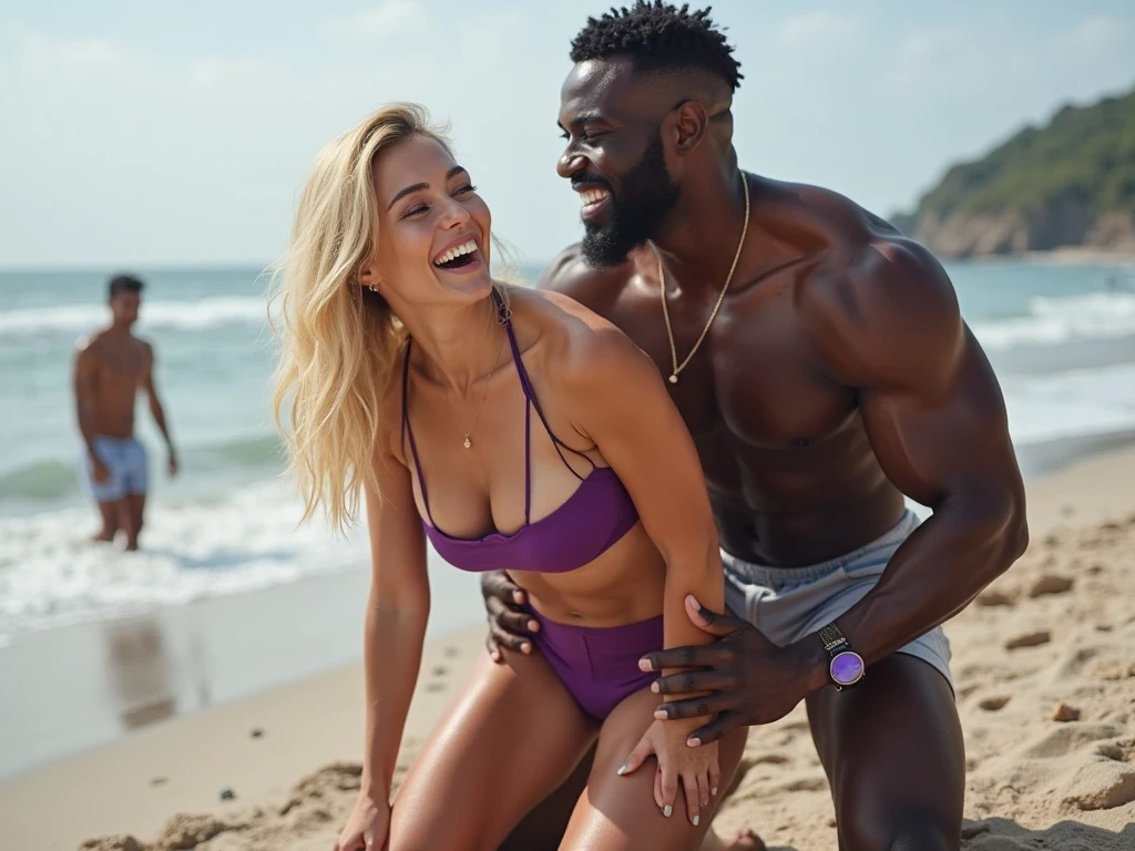Magnificent detail, 8K Photos, hyper- realism, realistic background, visual depth, wide angle lens, professional light. {The scene shows a tall, strong black man, brawny, manly, masculine, 1,93m high, wearing white swim trunks, greatly enhancing the volume of your erect penis. Carrying a beautiful 23-year-old natural blonde in his arms, short, 1,56m, delicious. She wears a little red bikini. The woman is happy and excited. Your nipples show through your bikini. The woman is very beautiful, and loves sex. The woman has a tattoo on her waist that says "Only to BBC". Water park scenario.