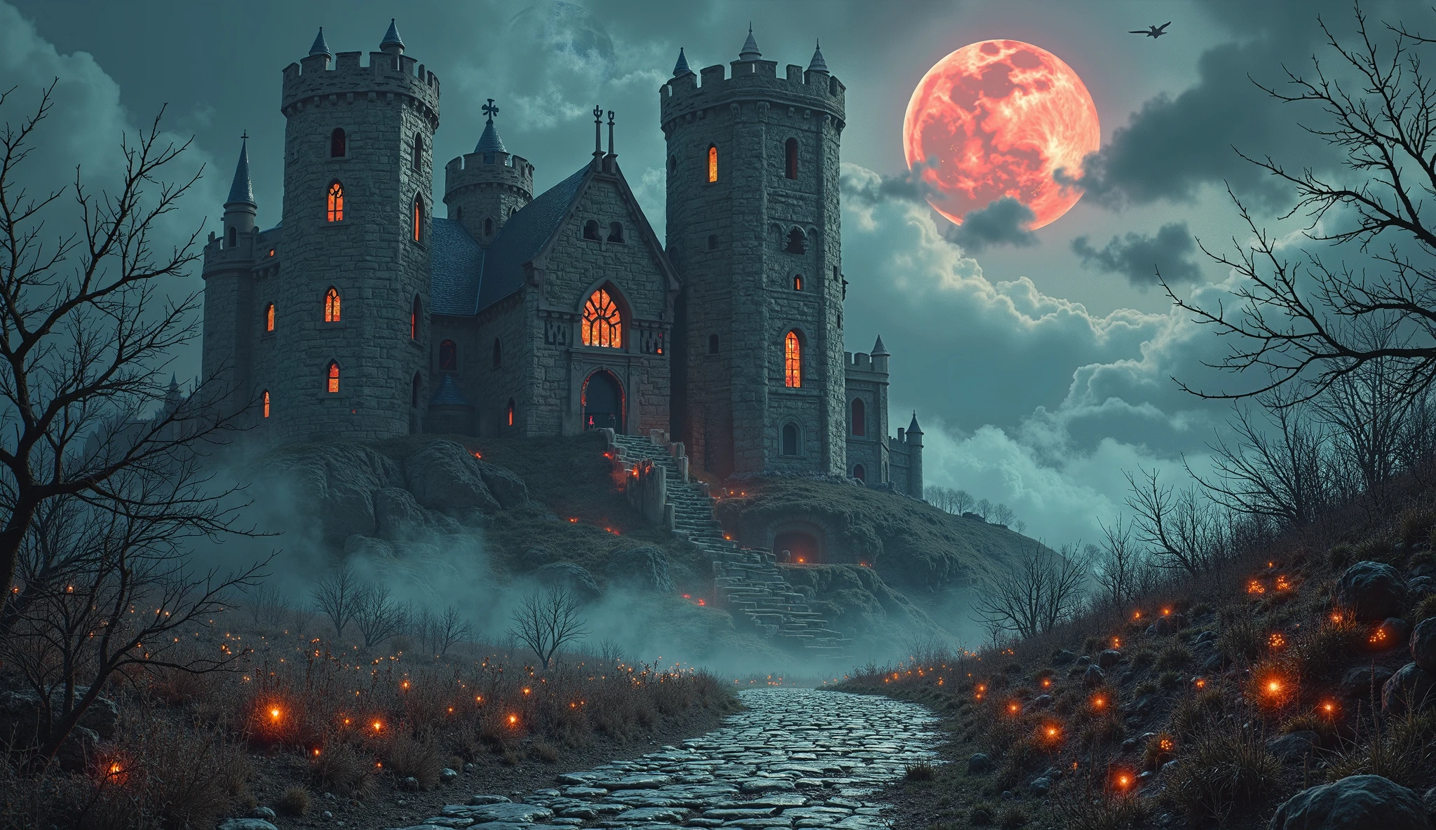 (ultra detailed), (ultra realistic), RAW photo, photorealistic, 8k, high res,lora:add_detail:0.8>, ( dark and gloomy) ,Blood red moon in background, dark thick fog, heavy rain, puddles of blood, lightning and fire, blood rain, clouds shaped like broken hearts, old decrepit castle , background corpses scattered on the ground, background evil souls rising from the ground,