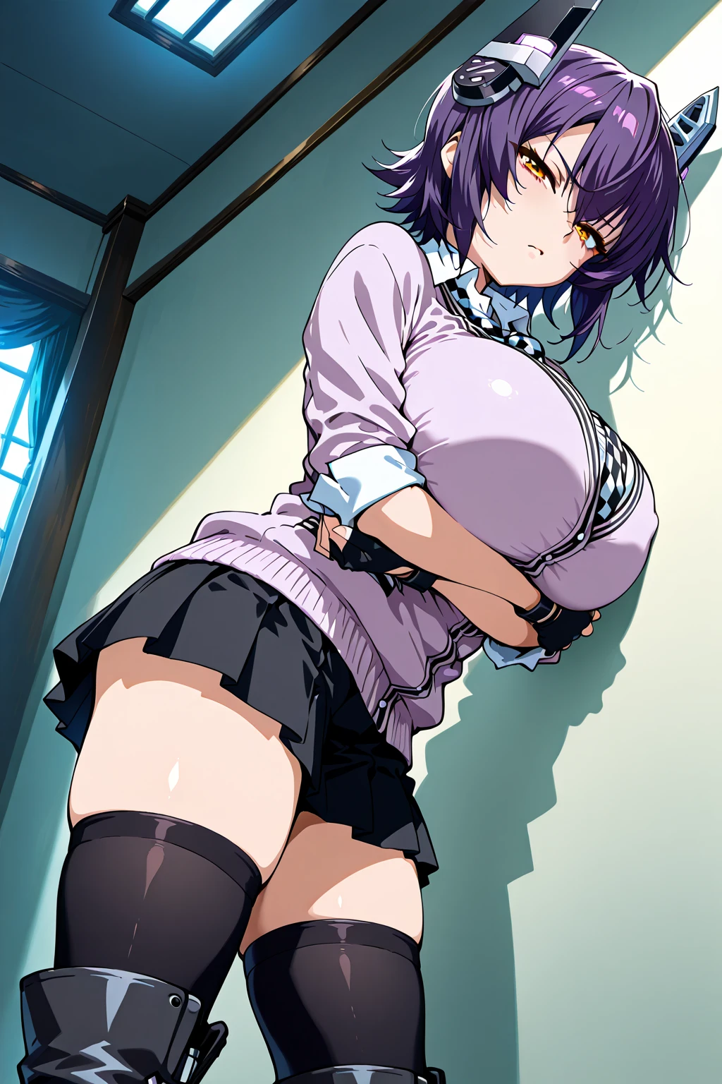 1Raiden shogun, large breasts,clothes in mouth, cleavage, navel, t-shirt, ((bra)),clothes lift, shirt in mouth, skirt, lying, full Body,sexy body,sitting