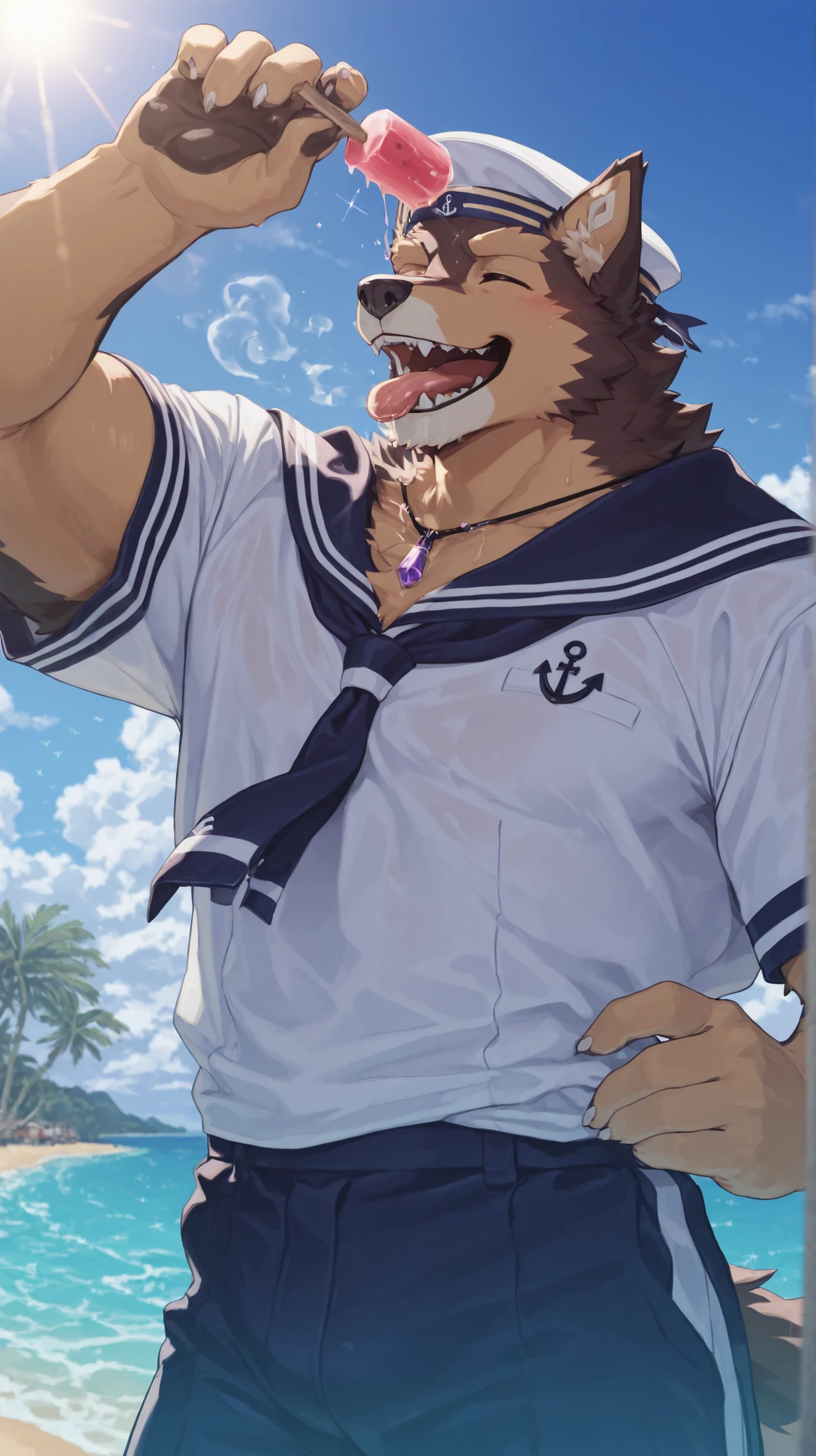 masterpiece, best quality, 8K resolution, HDR, sharp focus, vibrant colors, anime cel-shading style, semi-realistic anime,Pubraseer standing energetically on a sunny beach,
wearing a crisp navy blue sailor uniform with white trim, classic sailor cap tilted back slightly, simple metal necklace glinting in sunlight,
Holding a large, melting pink watermelon ice pop in one paw, playfully extending tongue to lick it,
beads of condensation dripping down the ice pop, happy expression with eyes closed in enjoyment,
Sandy beach with gentle waves, scattered seashells, distant palm trees, bright turquoise ocean under a clear blue sky with fluffy white clouds,
Wind blowing through fur and uniform, detailed furry features with subtle golden sunlight highlights on fur.