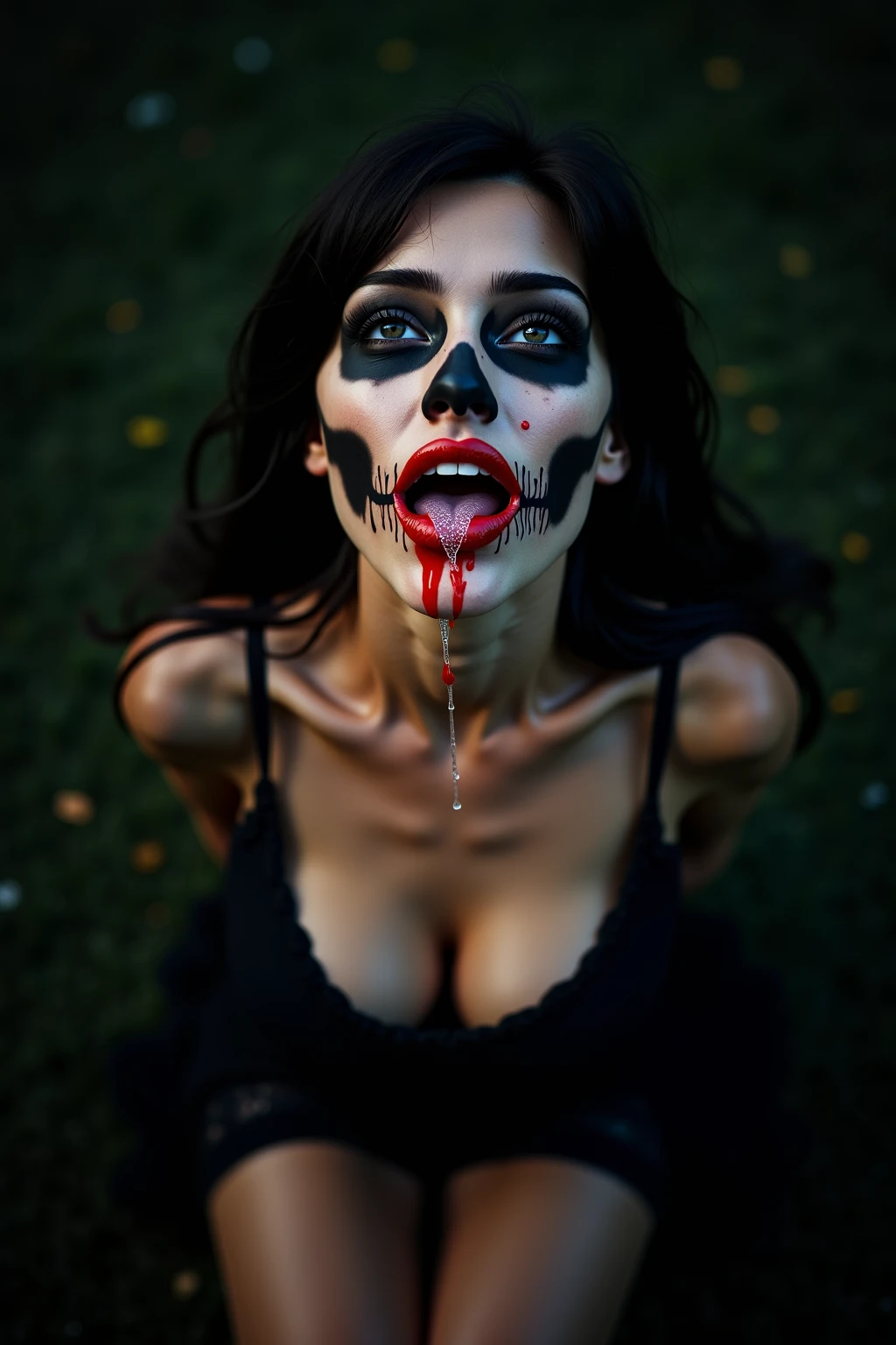 Undead sinner on her knees sucks demon's cock, forced oral sex, (mouth rape:1.3), Sexual violence, hand on her head, holds her by the hair, (traces of beatings on her body:1.2), torn clothes, Sexual slavery, hellish torment