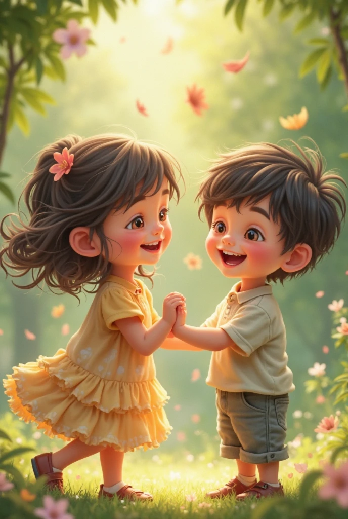 2 children playing very happy and joyful like they have never been before, be realistic and make it with unique graphics 