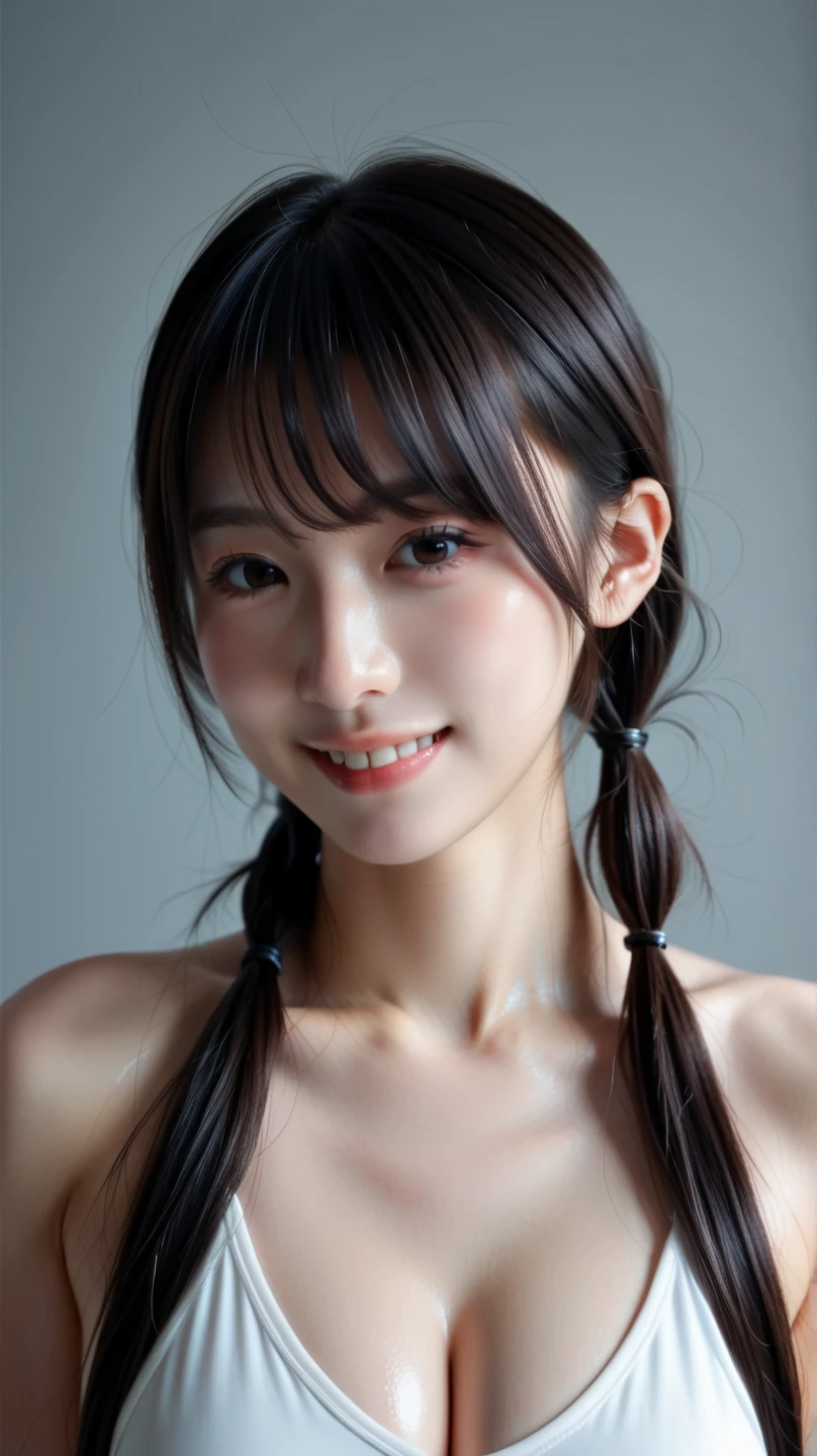highest quality, realistic, 8K, High resolution, 1 girl, woman, (skin dents), (portrait:0.6), nice, ((white background, naked, small breasts:1.65)), (Black hair in a ponytail, parted bangs:1.4), looking at the viewer, (1 girl eyes looking at the viewer:1.6), realistic, (Bokeh), (closed mouth, smile:1.3), nice, Pueros face_V1:1,