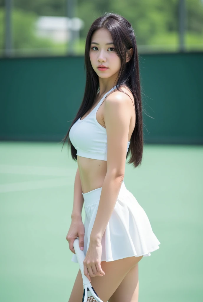 (8K, Highest quality, masterpiece: 1.2), (Realistic, Realistic: 1.37), Very detailed, 1 Girl, 18-year-old, White base、、白いpanties、美しいpanties、big, beauty, cute, bigおっぱい、smile, alone, Tennis Wear, mini skirt, White base、Beautiful thighs、White base、beautiful cameltoe、panties、Tennis court, racket, Tennis ball, (Nose redness), (smile: 1.15), (Mouth open), Beautiful Eyes, (Long Hair: 1.2), Floating Hair Nova Frog Style, Upper Body