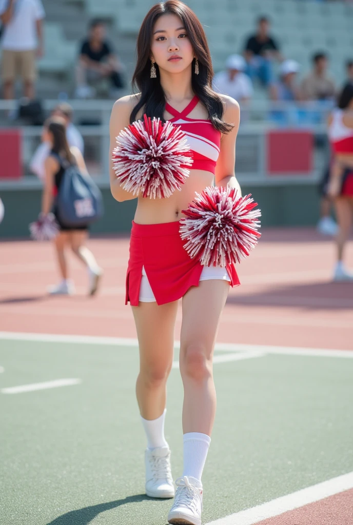 (8K, 超A high resolution, Best Quality, masutepiece:1.1),(18year old:1.1)、in 8K、RAW portrait of japanese girl、Photorealsitic、超A high resolution、top-quality、hi-school girl、(Cheerleading Club、Cheerleader Uniforms、T-back visible、quite massive chest、Pretty big breasts、Show the armpits、toned body、Kick one leg straight up quite large:1.5)(Black hair straight long hair、Japan Cute Woman:1.2)、Cute smile、espadrilles、High School Lawn Ground