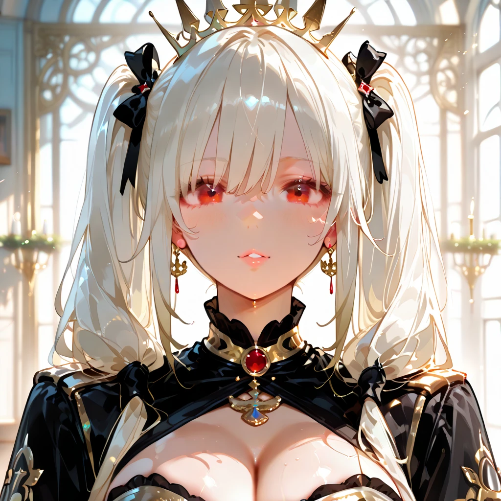 1girl,solo focus, robot girl, humanoid robot,robot joints,orange eyes,long hair, (colored skin),huge breasts,tiara, jewelry, armored dress,gold trim, sleeveles,cape,(indoor),office,sitting,on throne,table,pile of paper,document,pen in hand, close-up,upper  body,