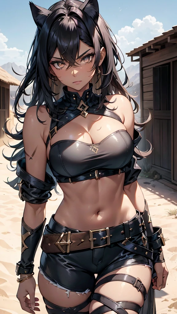 Black Hair、(A dwarf girl warrior stands with a heavy axe.)、(Huge breasts)、(Underboob、Sideboob)、Blue metallic bikini、Camel toe、((Chibi、he is short)、glamorous、curve、Wide Hips、Thick thighs)、(NSFW)、(Many colorful jewels)、(Inside the cave)