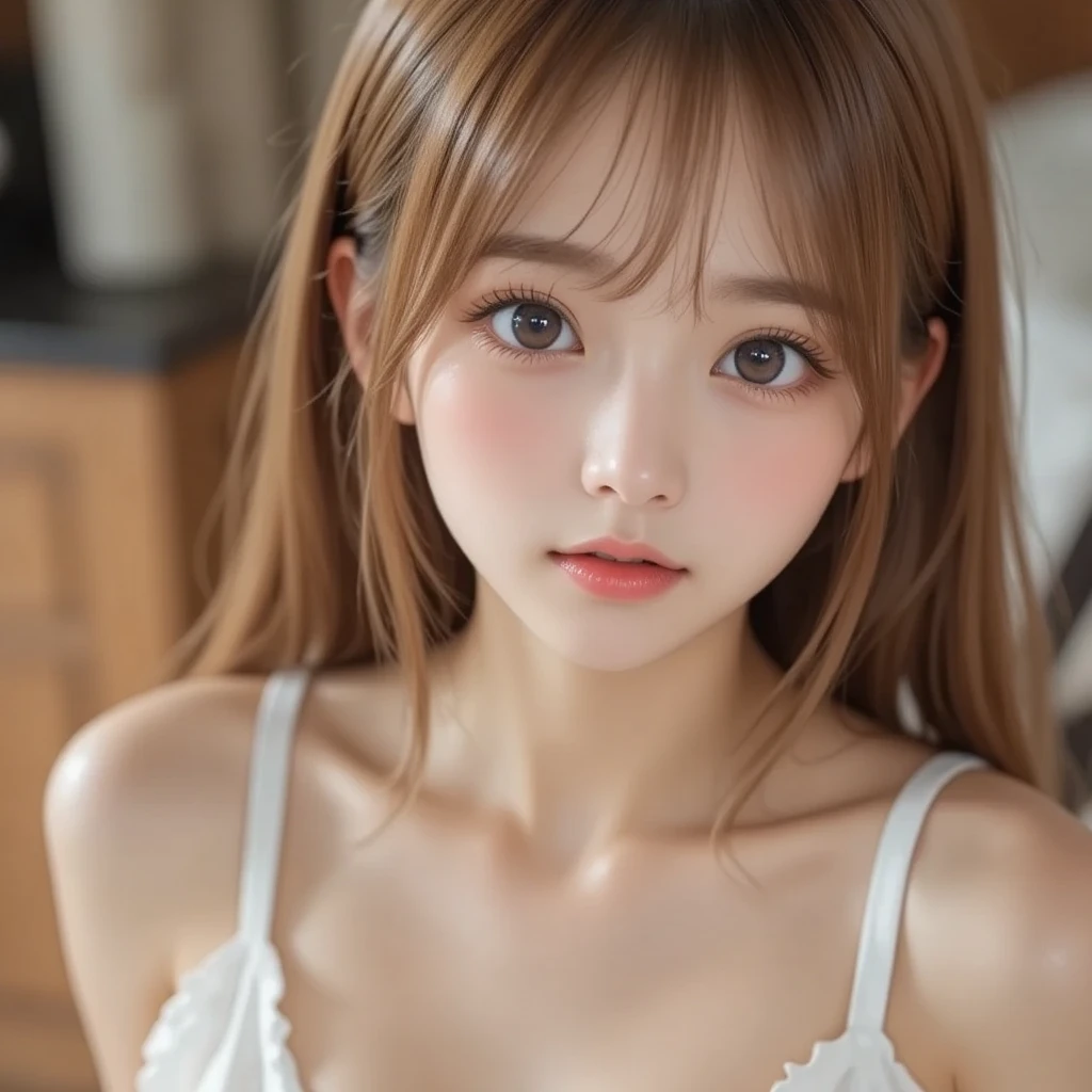 1 Japanese girl, (looking away:1.4), (upper body shot:1.2), Beautifully detailed eyeballs, catchlight in the eyes, Realistic digital painting of a woman portrait, Shy, Cute, open mouth to say something, sad, brown eyes, (medium hair:1.1), (light brown brunette hair:1.3), (Highly detailed skin:1.2), Mystical style, Global Illumination,