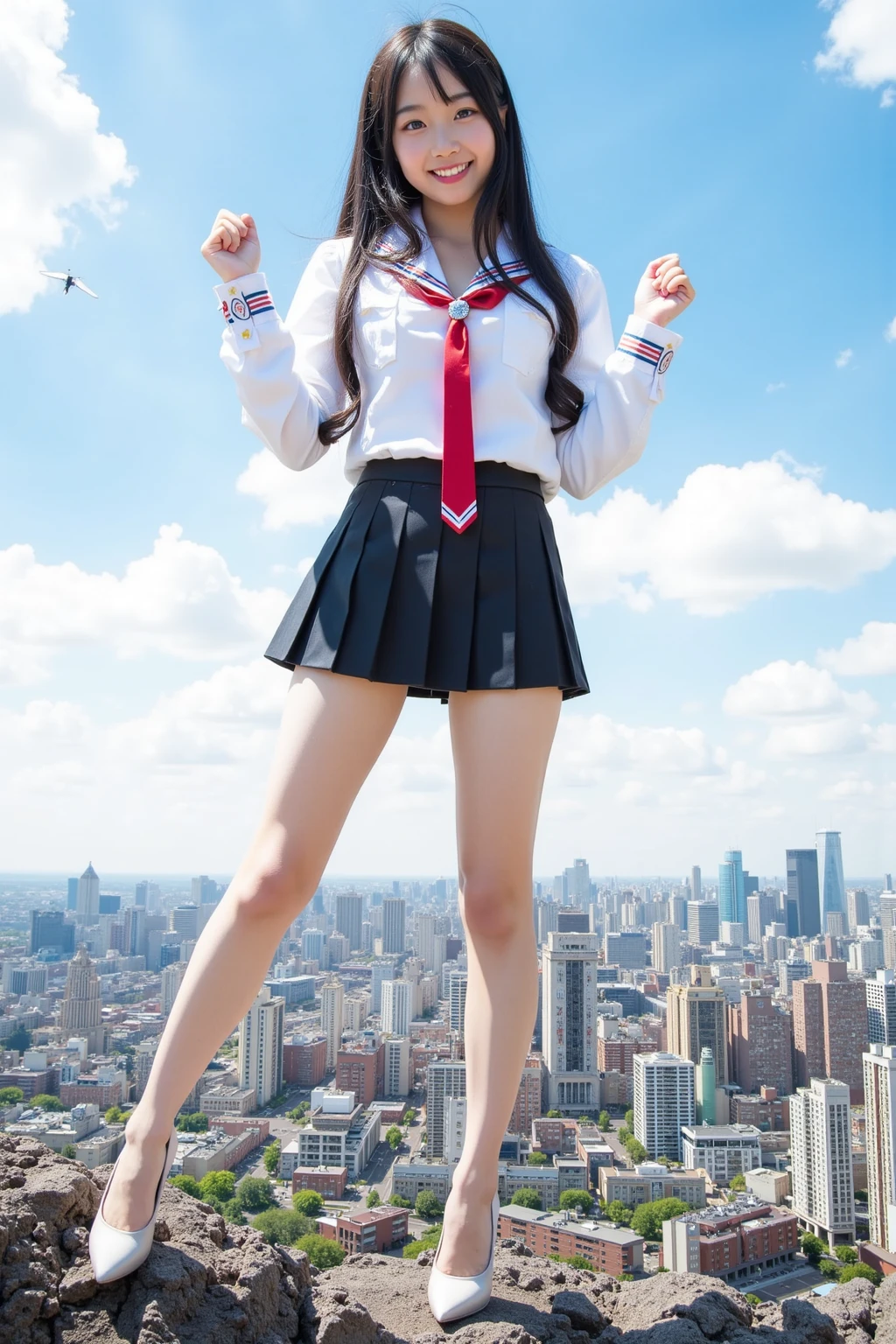 Top quality, schoolchild, loli, 12 years old, smile, happiness, white panties, school uniform, full body, black hair, cute, ((When viewed from below, microbial perspective)), ((big city, skyscraper))))(Towering Body, towering socks)((( Perspective on the legs)))), wide-angle lens