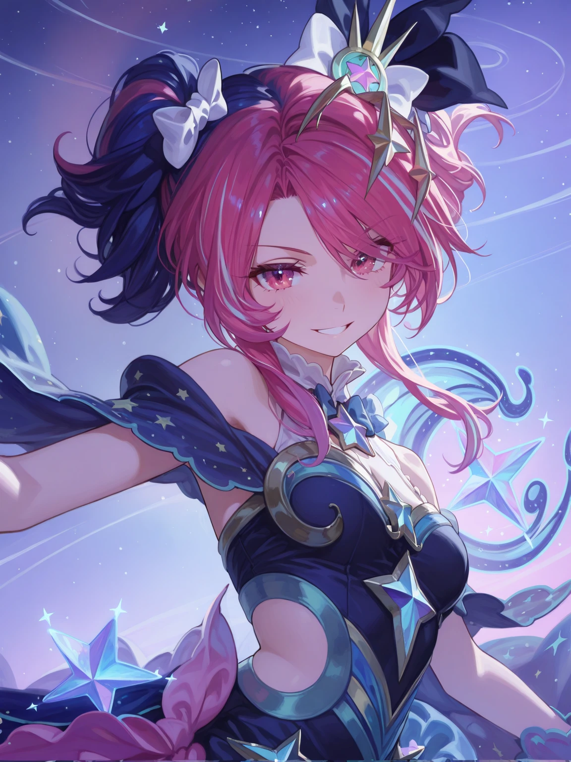 High detail, super detail, super high resolution, girl enjoying her time in the dream galaxy, surrounded by stars, warm light sprinkled on her, background is starry sky with colorful galaxies and galaxy clouds, stars flying around her, delicate face, adding playful atmosphere , --v6