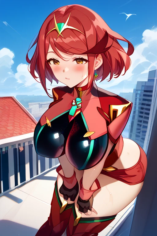 (((dark skin))), (dark brown skin),(Red Hair),Bobcut,Red eyes,choker,leotard , cleavage cutout, elbow gloves , kneehighs, short cape,Hands behind body,Dynamic Angle,Bright natural light,sidelighting,blush,smile,Glowing Skin,(Big Breasts:1.3),Big Butt,18-year-old,CG,cute,Fantasy,((Highest quality)), ((masterpiece)), (be familiar with), Perfect Face
