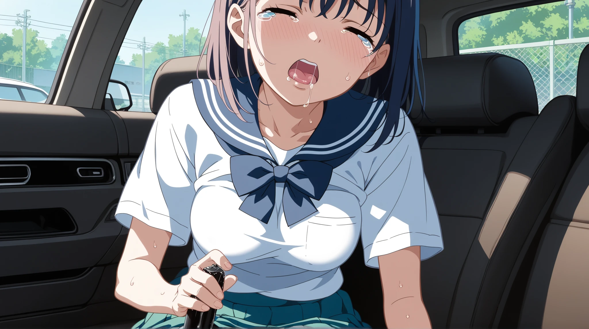 A girl with erect nipples, black short bob hair, small breasts and pale pubic hair is crying and groaning on a train while a molester forces his penis into her mouth.