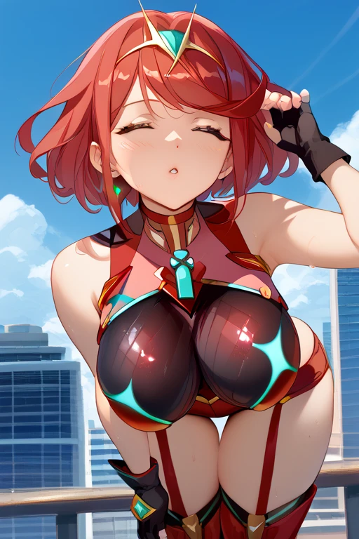 masterpiece、top-quality、hight resolution、1beautiful girl、full body Esbian、From Side、mechs、a mecha girl、Red body color、Body in Christmas colors、Santa hat with rabbit ears、Christmas wreath hair ornament、big eye、kawaii eyes、Bangs Patsun、Pink short bob hair、smooth hair、A smile、teak、lip、tongue、Stick out the tongue、I have my mouth wide open、Colossal tits、cleavage of the breast、Daytime、Jumping from the top of a skyscraper、