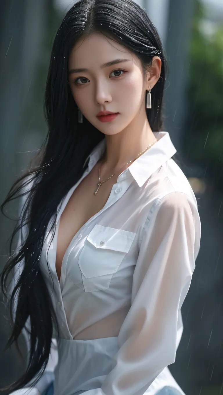 (RAW shooting, realistic:1.5, 8K, best quality, masterpiece, ultra high resolution), Complete dynamic configuration:1.2, modern city street corner at night, be heartbroken:0.5, (((typhoon heavy rain))), Highly detailed skin and face textures:1.2, Slender office lady getting wet in the rain:1.3, fair skin:1.2, sexy beauty:1.1, perfect style:1.2, beautifully、aesthetic:1.1, very beautiful face:1.2, water droplets on skin, (rain falls on my body:1.2, wet body:1.2, wet hair:1.3, wet tight skirt:1.2, wet OL uniform:1.3), belt, (middle chest, bra is transparent, chest gap), (cry, expression of sadness, Facial expression when feeling intense caress, Facial expression when you're in a good mood), (beautiful blue eyes, beautiful erotic eyes:0.8), (so erotic:0.9, attractive:0.9), cowboy shot, shoulder bag, necklace, earring, bracelet, clock