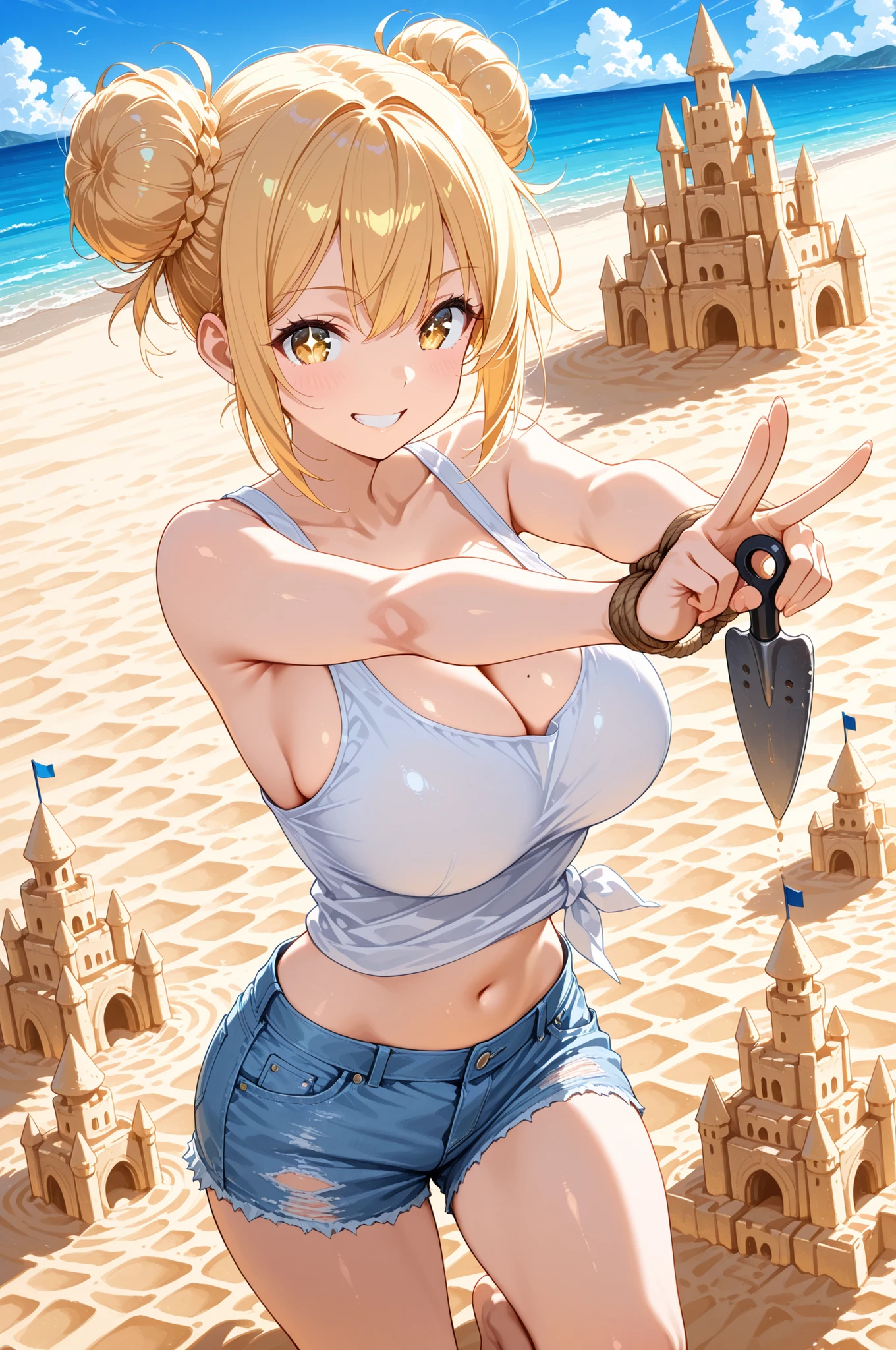 masterpiece, best quality, flat anime, score_9_up, score_8_up, score_7_up, illustration, anime artwork
BREAK
1girl, solo, 20-year-old Japanese adult woman, knee-up shot, vertical composition, a proud, sunny smile as she shows a peace sign to the viewer, her skin and clothes covered in a fine layer of sand.
large expressive eyes with an iris pattern of flowing, layered sand in various shades of gold and brown, creating a beautiful, textured look, beautiful detailed eyes sparkling with artistic achievement.
BREAK
(((golden blonde hair))), tied up in a messy bun, but many strands have escaped and are caked with sand, her hair has a realistic, dry texture from the sun and sea spray.
BREAK
very large breasts, deep cleavage, wearing a simple, white tank top that is tied up at her midriff and stretched tightly across her bust, paired with cutoff denim short shorts that are frayed and sandy. Her pose, holding a small carving trowel in one hand while making a peace sign with the other, is playful and proud.
BREAK
At a massive sand sculpture festival on a sunny beach. Behind her stands her creation: a colossal, overwhelmingly detailed sand castle, complete with soaring towers, intricate battlements, tiny windows, and a hyper-detailed dragon coiled around the main keep. The background is filled with other incredible sand sculptures and a crowd of spectators.
BREAK
The scene is lit by the bright, direct light of the midday sun, creating sharp, defined shadows that accentuate the incredible, rough texture and intricate details of the sand sculptures.