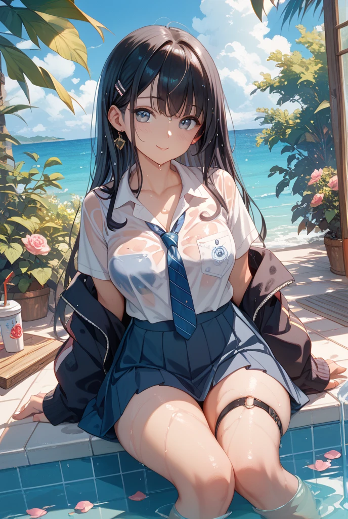 Tazune rirei, nsfw, (loli:1.3), 8k, ultra-detailed, Masterpiece, best quality, perfect lighting, aqua eyes, black hair, braid hair, , nipple peek, pink areola, spread pussy wide, outside, sitting on stairs, 1girl, solo, (bukkake:1.5), (cum on face:1.5),(cum on hair:1.5), topless, ((shorts)), thigh-high socks, sneakers, blush, ((embarrassed))