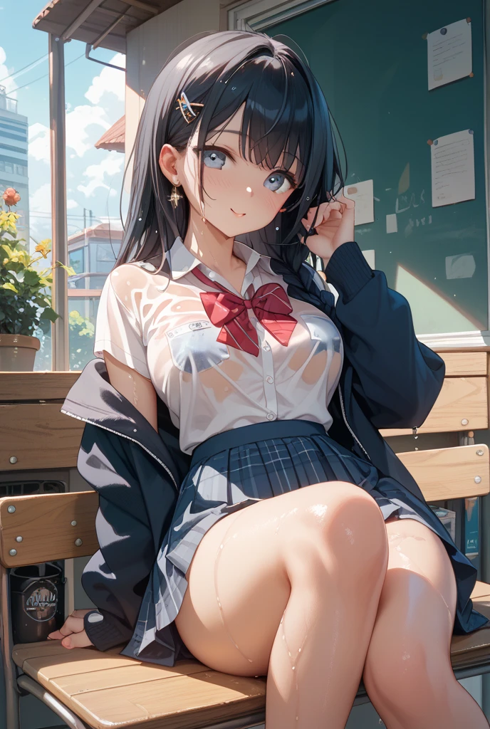Masterpiece to the smallest detail、top-quality、1girl in、独奏、25-years old、170cm、Receptionist、Model body type、perfectbody、Breasts so big that they hang on the floor、Non-existent 130 cm chest、ＸCup milk、Realistic nipples、Extraordinary Beauty、Hair with silky texture、Gradient bob in the forward、Two-color mesh、Realistic eyes、Outstanding looks、unclear、proximity、closed_mouth、a smile、red blush、full of shyness、Hats that look good、Hats、pink bowtie、校服、 Blue jacket、jaket、skirt by the、Gray pretz skirt、Cutter shirt、white  shirt、an legs、Black socks、sitting on、s Office、hair_ornament、looking_at_viewer、beatiful detailed eyes、Charming gestures、panties on、lift up one's skirt、Professional effects、