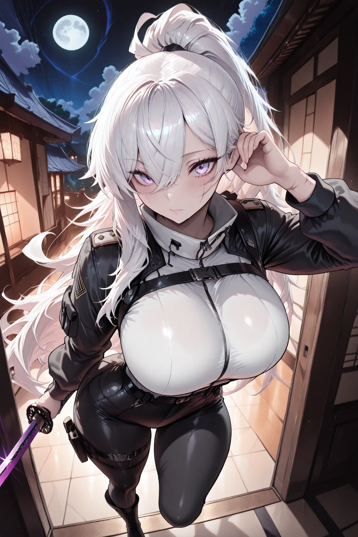 Nsfw, masterpiece, 1girl, solo, faust_(limbus_company), white hair, short hair, blue eyes, light blush, dull expression, expressionless, alternative costume, ribbon, cloak, hooded cloak, naked, big breasts, breast curtains, navel, thongs, thighs, thigh strap, walking, looking up, one hand stretch out, palm facing up, on the streets, raining