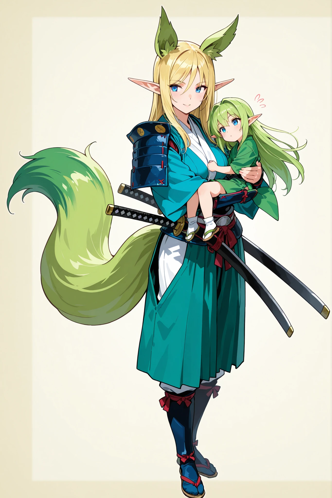 sword, lady, elf, fantasy, samurai, Elven samurai troops. All have green twin-tail hair. They wear traditional Japanese clothing and carry Japanese swords.