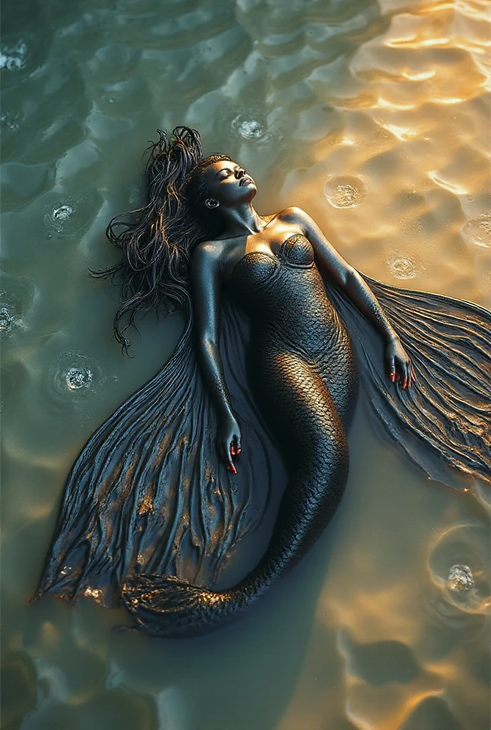 a woman with a starfish over her eyes wearing it as if it were a mask over her eyes and the starfish has small blue lights that shine, the woman stands on a black stone carved with symbols in a rough sea rising hands towards the sky in a Sandro Botichelli style painting, with slightly blue skin and small scales on her face, she has long hair decorated with gold and pearly tiaras (Lying position on the carved rock with a pronounced mermaid tail )(MAR PICADO Y LUNA ILUMINANDO) (MUJER REALISTA CON PIEL AZULADA TENUE) mascara de estrella marina tapando sus ojos (piedras muy negras)