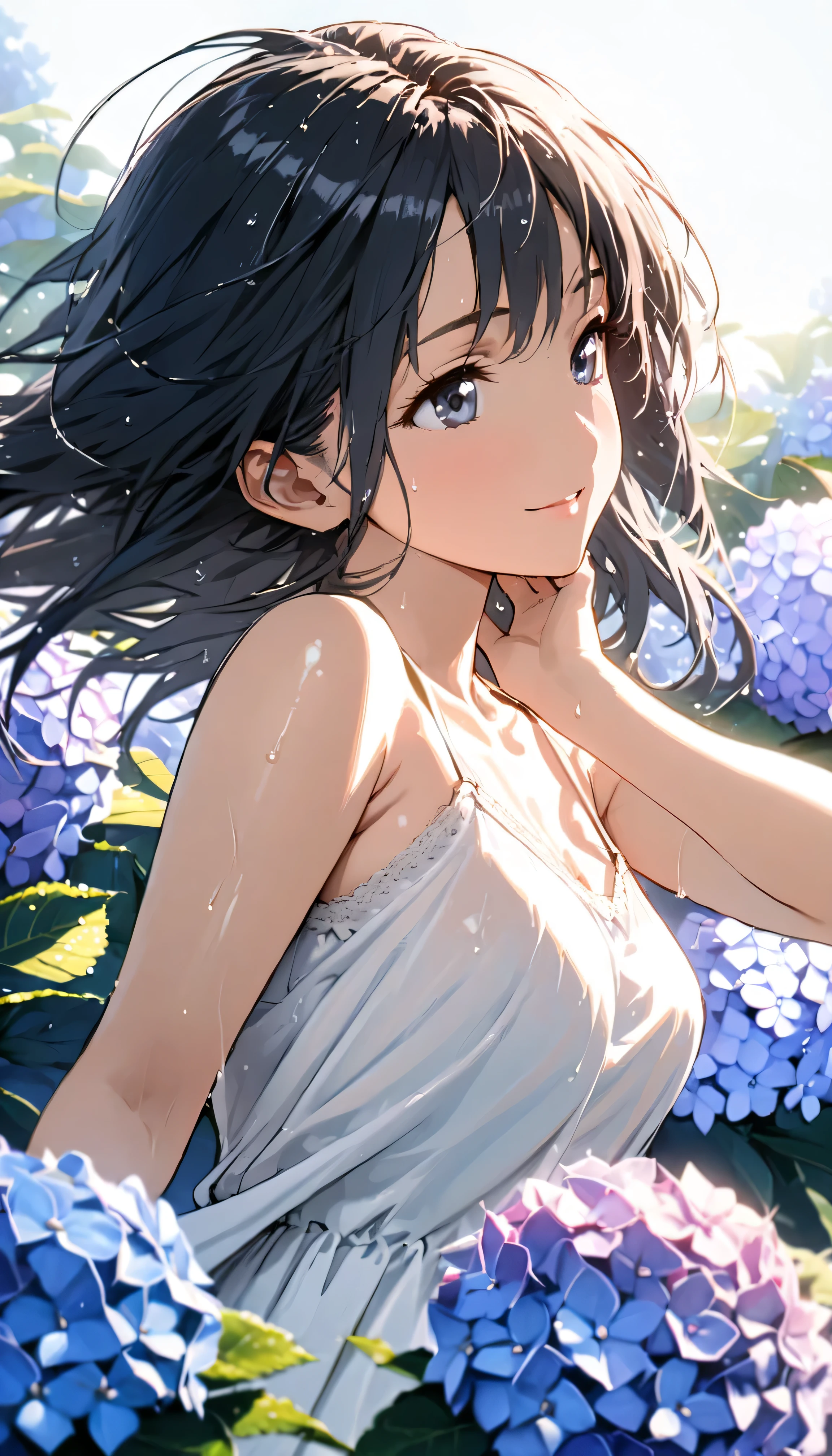 masterpiece, best quality, ultra-detailed, 8k, high resolution, Gentle colors, soft focus, dreamy background, White background, Hydrangea background, Delicate and dynamic, light rain, The wind is blowing, 1 girl, Long white camisole dress, Wet and shiny black hair, Wet and shiny skin, smile, young, Dynamic pose, Dynamic Angle, Angle from below, in the soft glow of early morning light, Light from the front