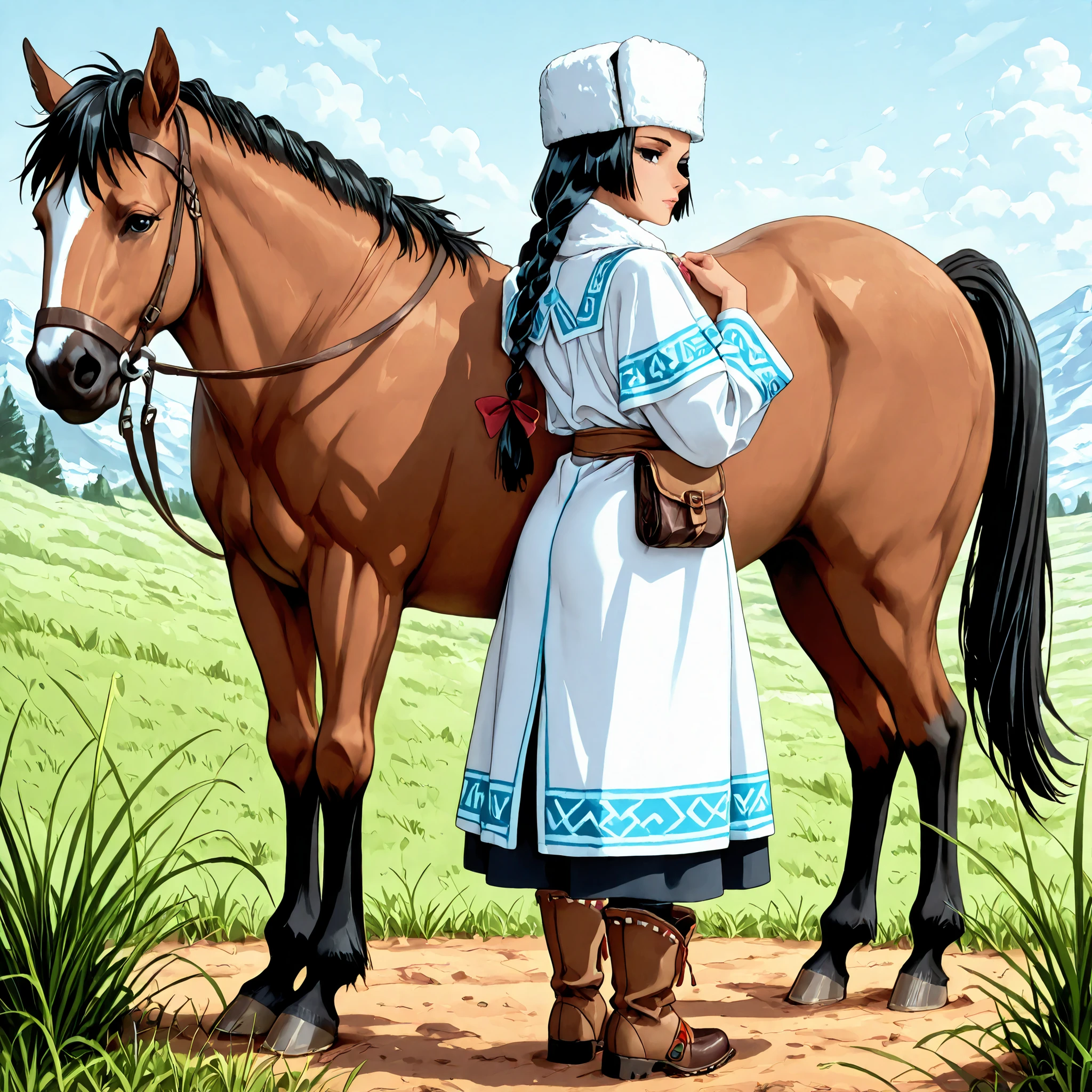 1 girl,beautiful girl,adult,18 years old,black eyes,narrow eyes,black hair,long hair,braids,skinny,masterpiece,general,highres, ultra-detailed,very aesthetic,best quality ,best hands,best eyes,perfect anatomy,anime coloring,retro art style,1990s /(style/),easynegative,BREAK,deel,del,traditional mongolian deel,del,fur hat,boots,whole body,full length,short bow, leather pouch,steppe climate,deel,traditional mongolian deel,fur hat,mongolian boots,short bow, leather pouch,steppe climate,deel,del,traditional Mongolian deel,long-sleeved robe,BREAK,dry land,extremely short grass,horses,saddles,cute,kawaii,mongolian style trousers,from side,back view,