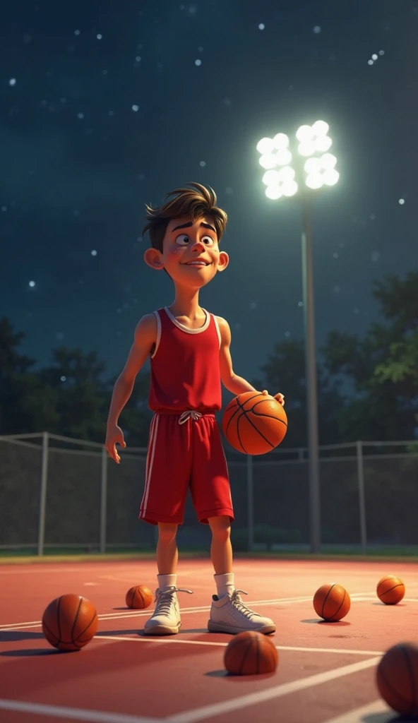 Boy on a basketball court at night, with a green oversize
